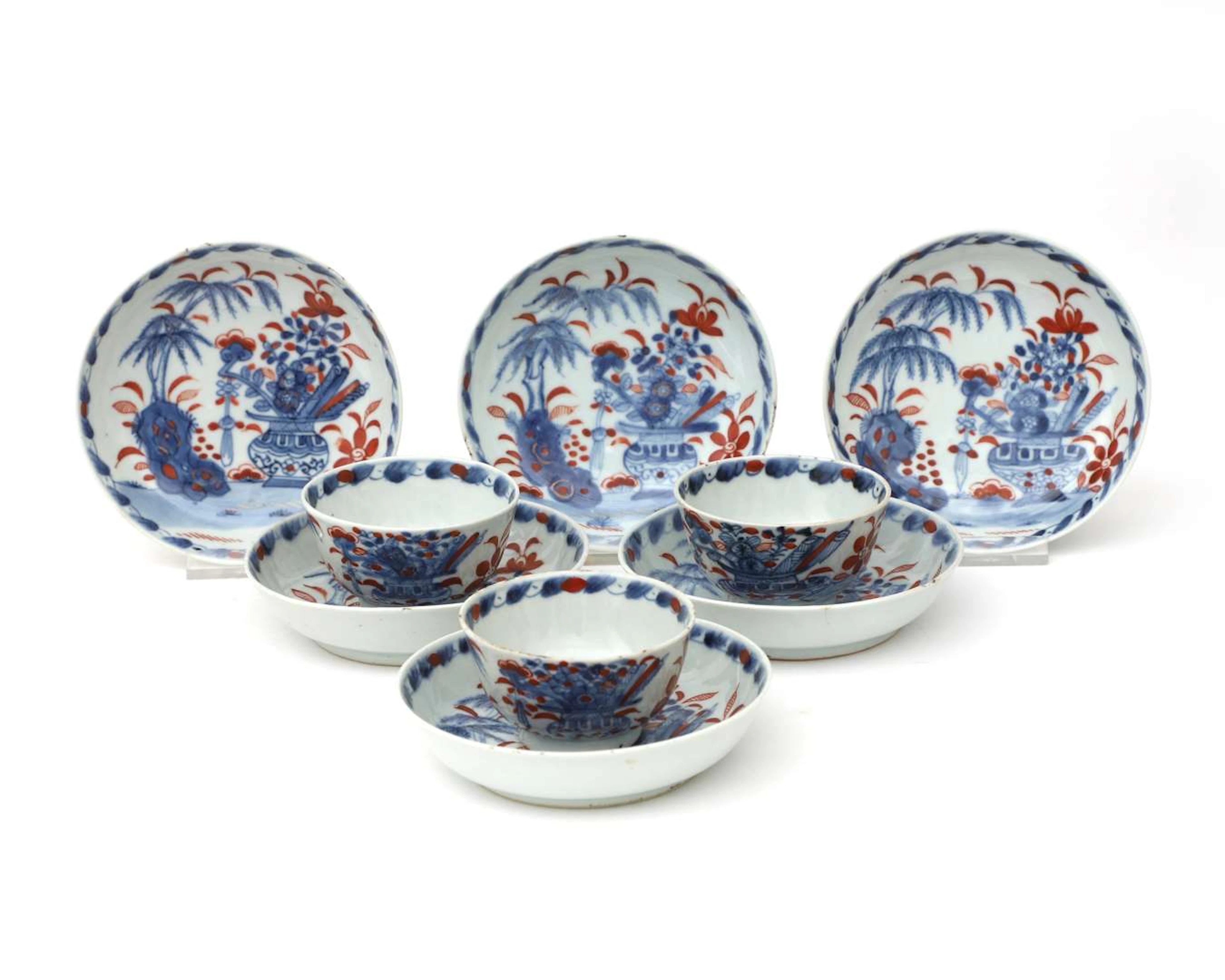 Six porcelain saucers and three cups, China, 19th century