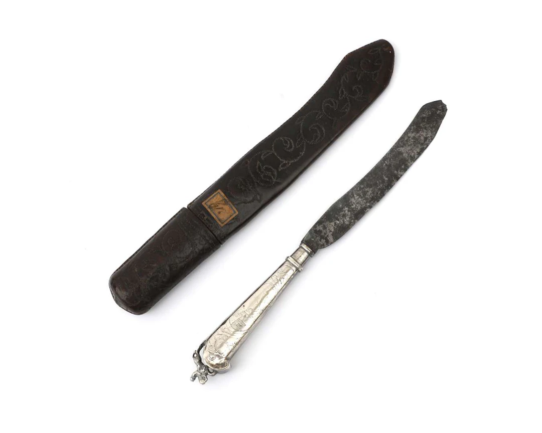 A silver knife in a leather sheath, Holland, 18th century
