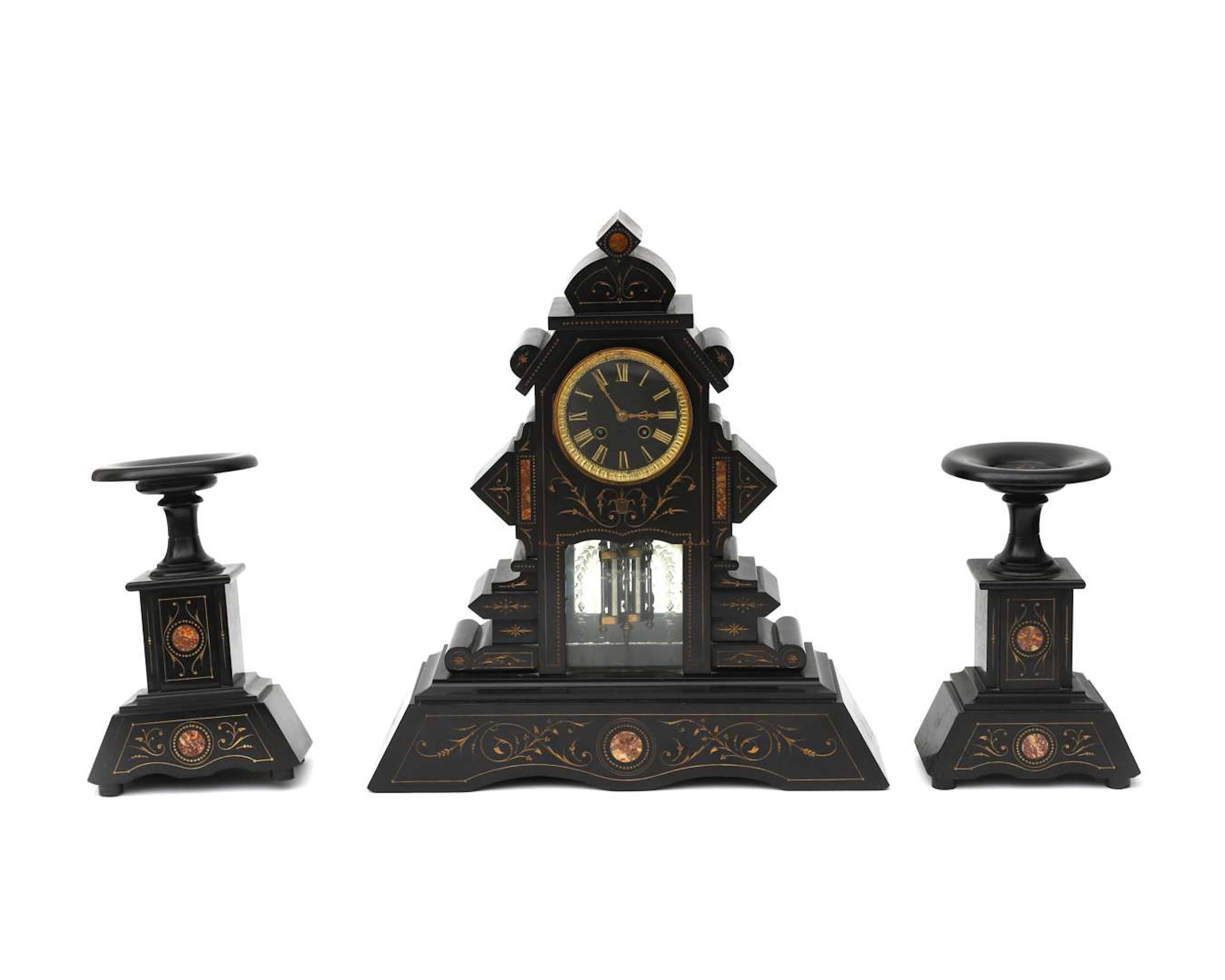 A three-piece mantelpiece clock set, mid-19th century