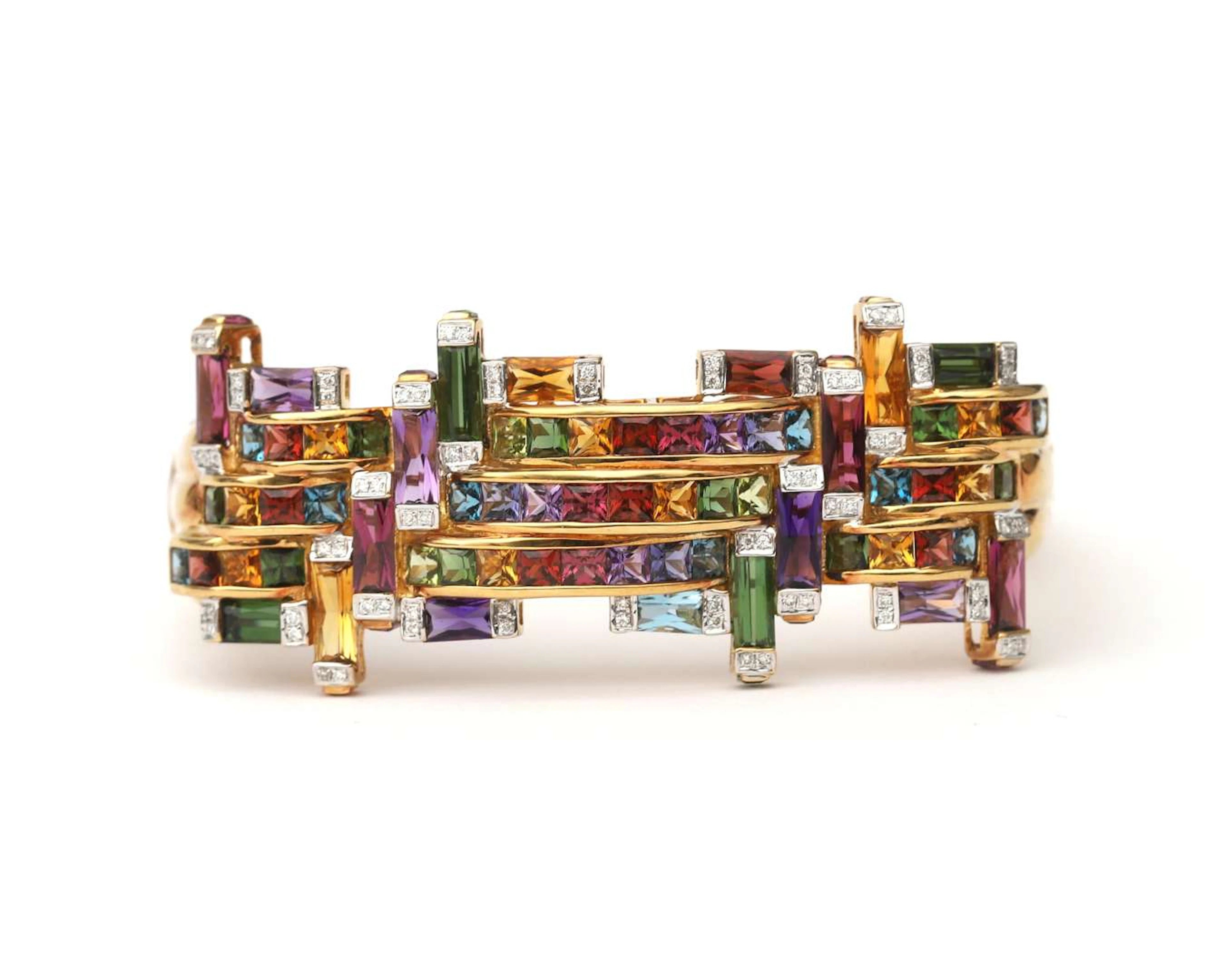 An 18k yellow gold Bellarri bangle bracelet set with coloured gemstones
