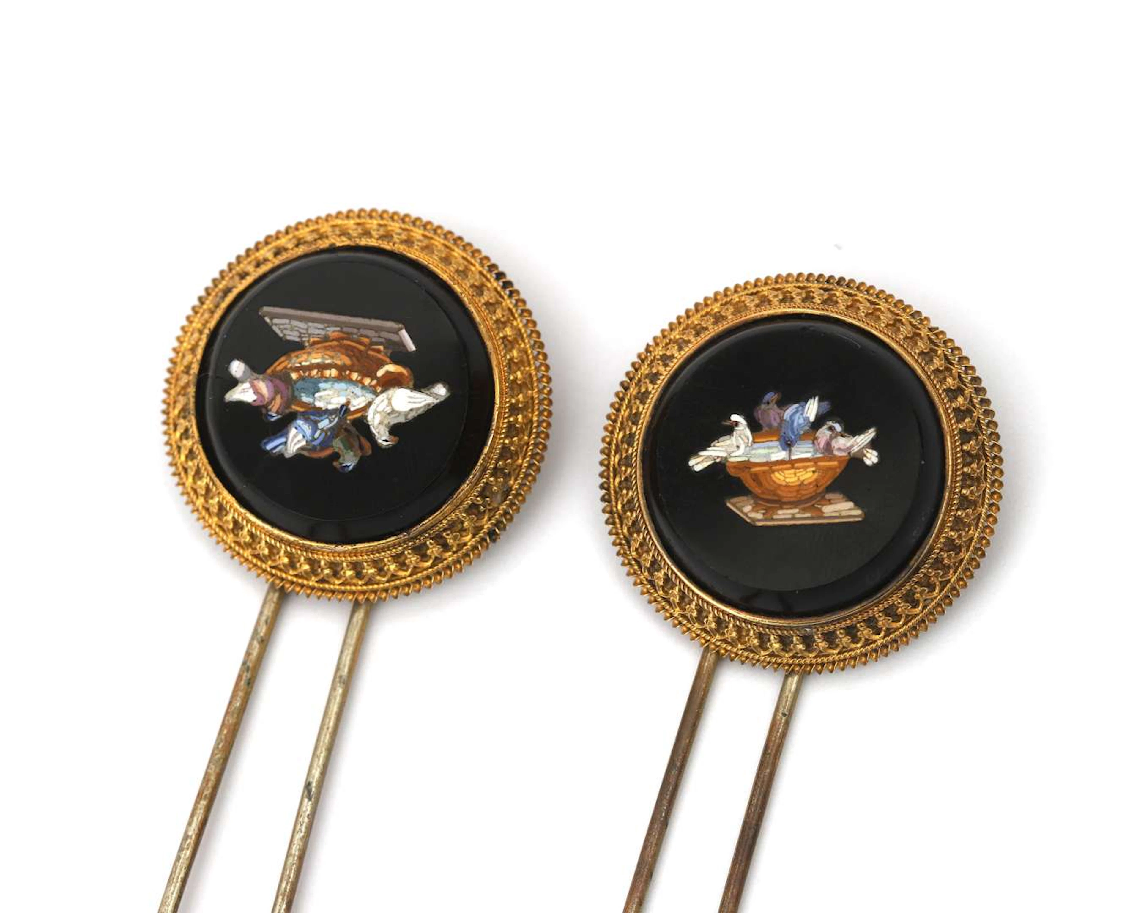 Two hairpins featuring a micro-mosaic of Pliny’s doves, set in a 14k