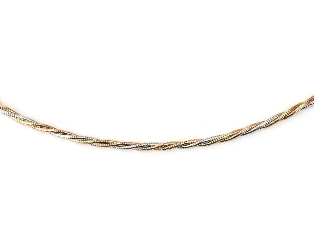 An 18k tricolour gold twisted omega-link necklace