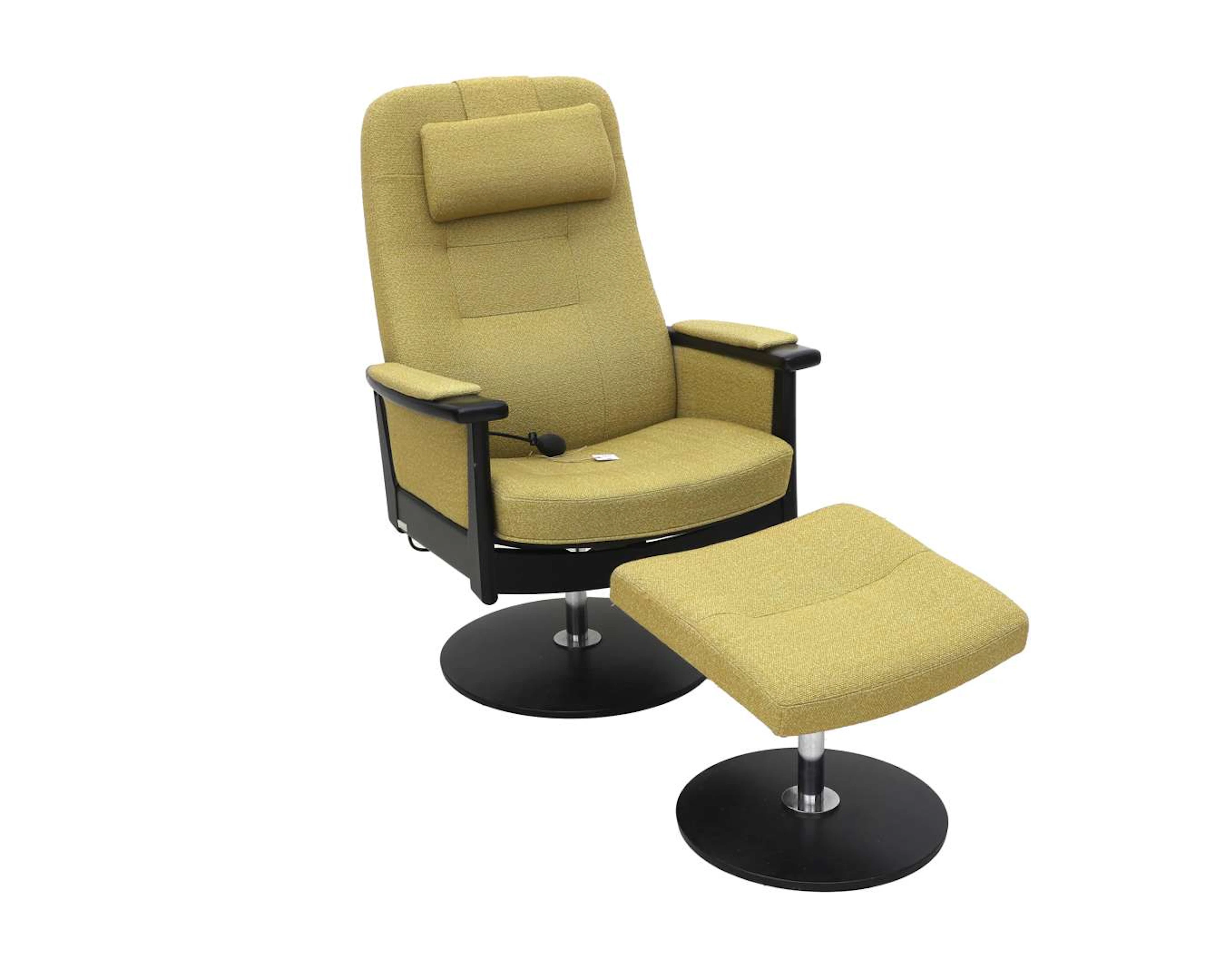 An adjustable, yellow-upholstered recliner with ottoman, designed