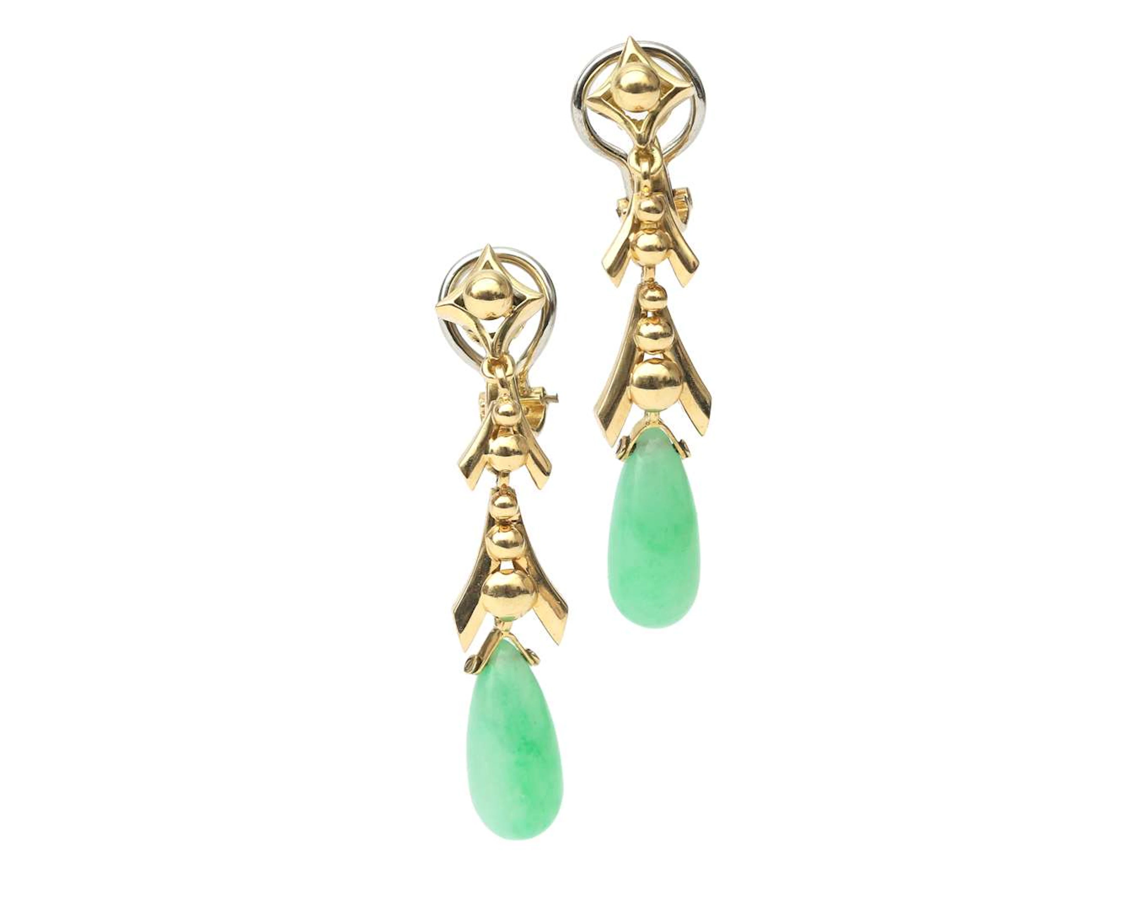 A pair of 14-carat yellow gold drop earrings with chrysoprase