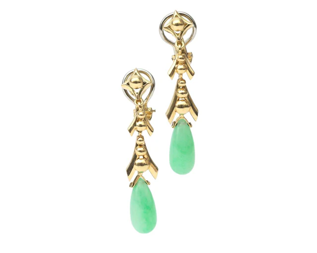 A pair of 14-carat yellow gold drop earrings with chrysoprase