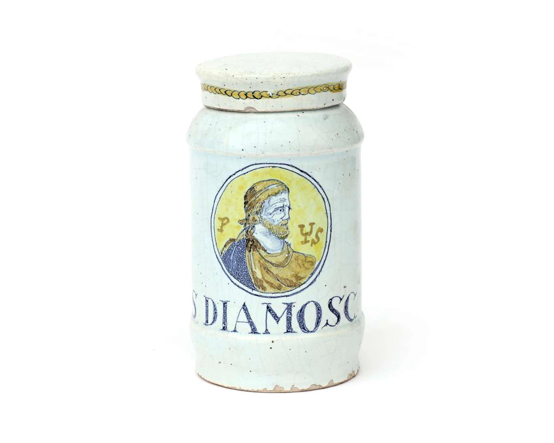 An earthenware albarello apothecary jar, Italy, 19th century