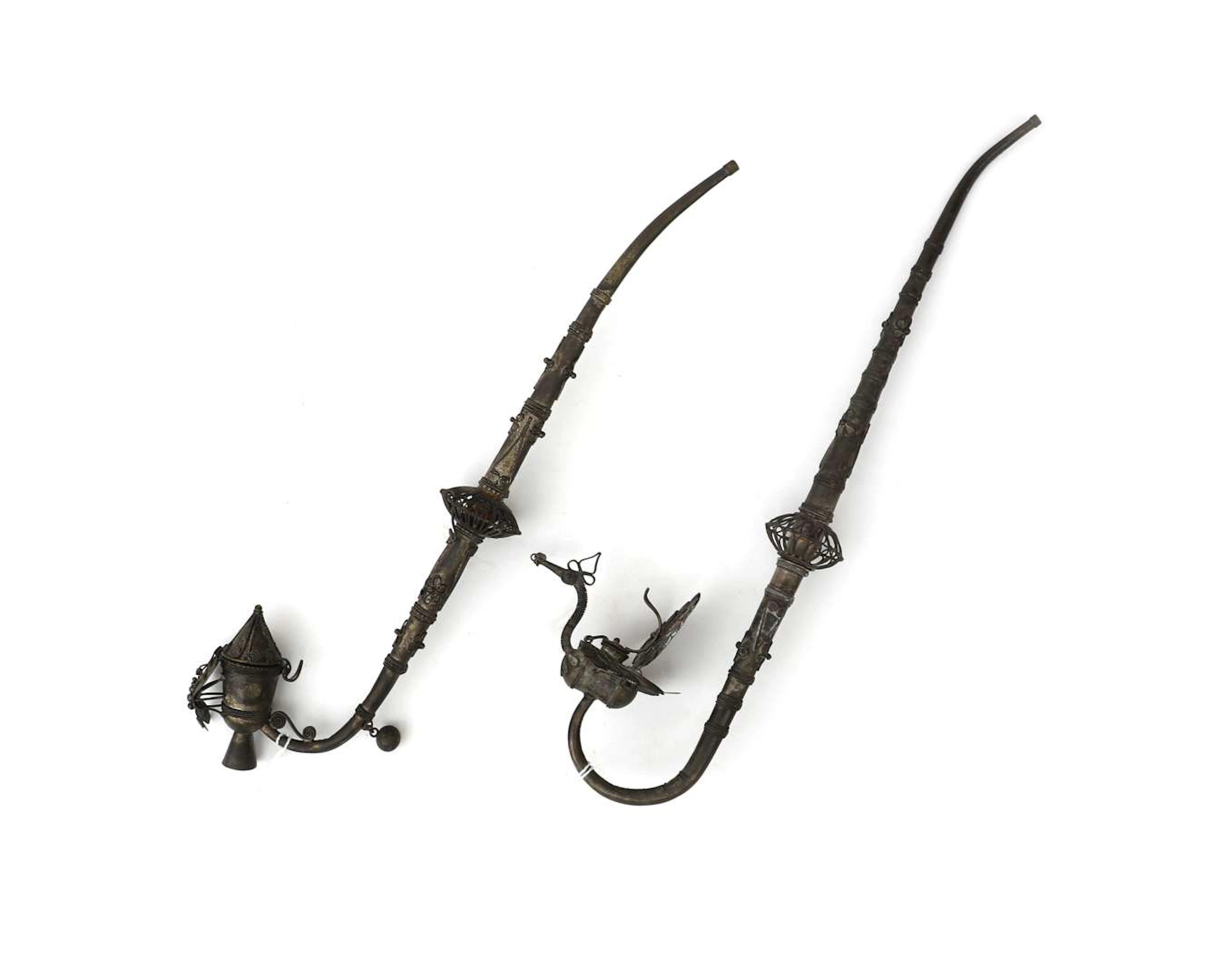 Two metal filigree opium pipes, China, 20th century