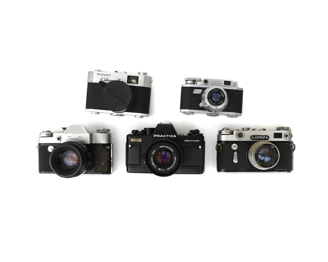 Five analogue cameras, including Zorki, Zenit and Praktika