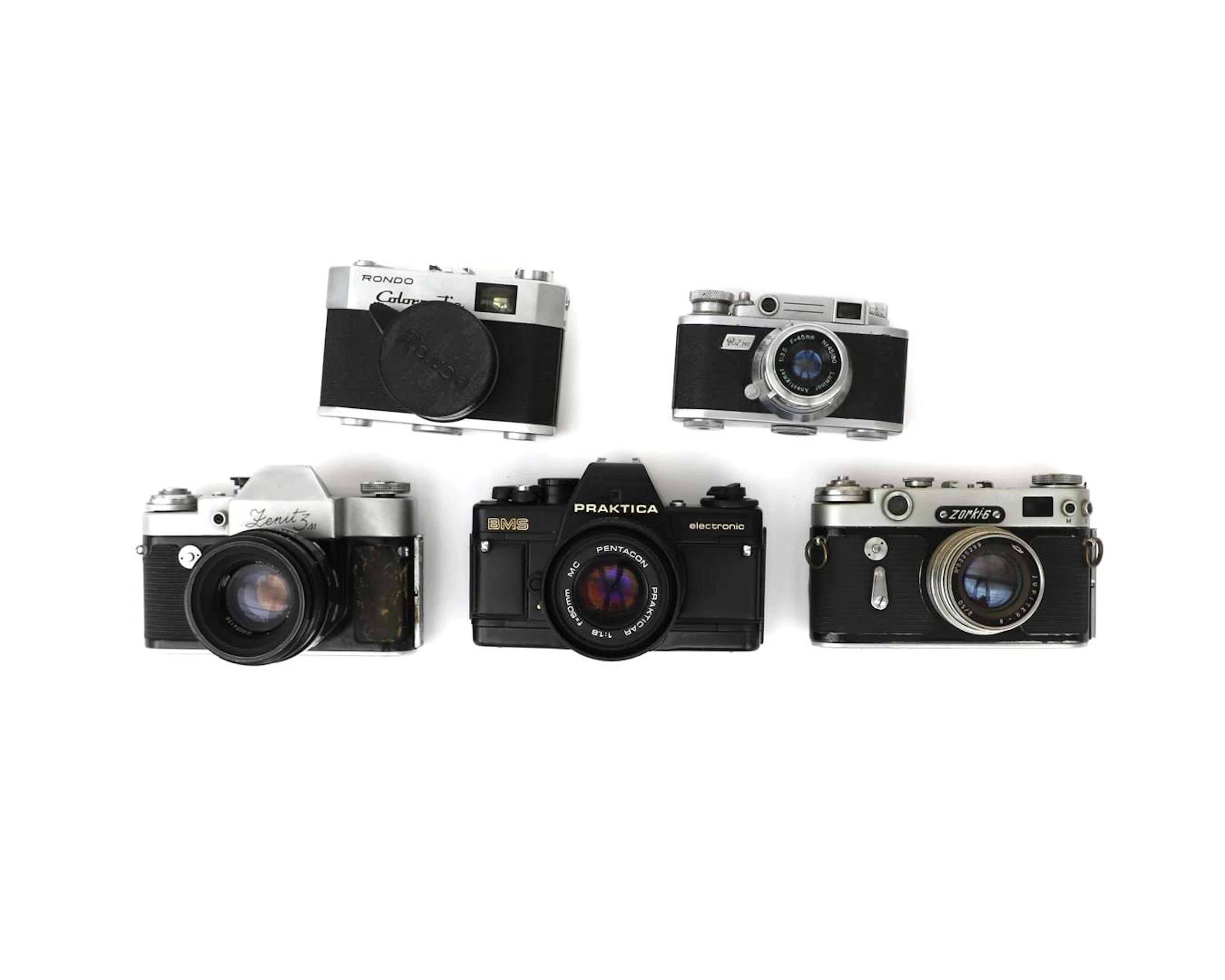Five analogue cameras, including Zorki, Zenit and Praktika