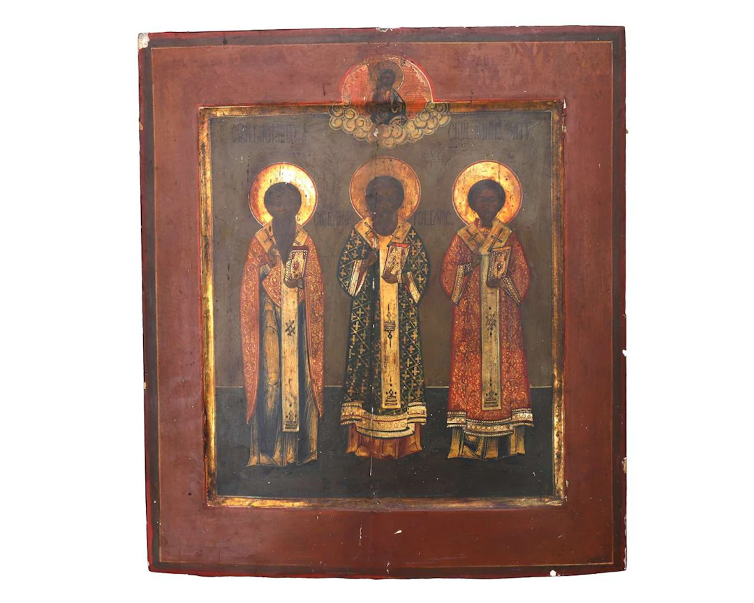 An icon depicting the Three Holy Hierarchs, Russian Orthodox, 19th century