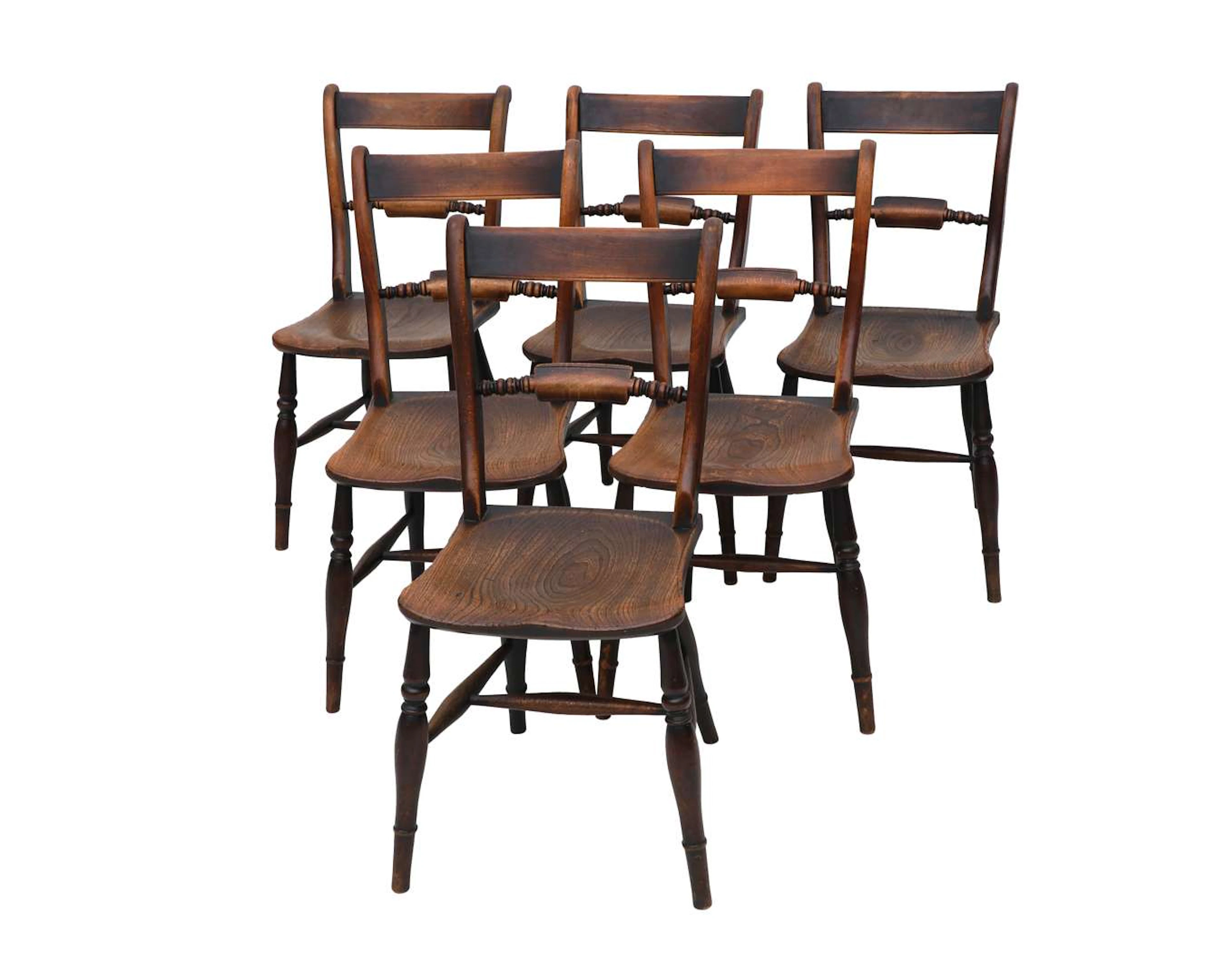 Six elm and beech Oxford scroll-back dining chairs, England, 19th century