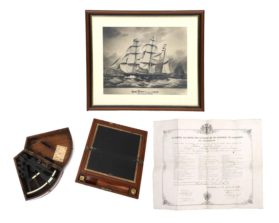 A sextant, a writing case and a ship’s print relating to Captain Anthonie