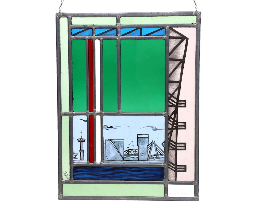 A painted stained-glass window, created by: Henk van Kooy (1953)