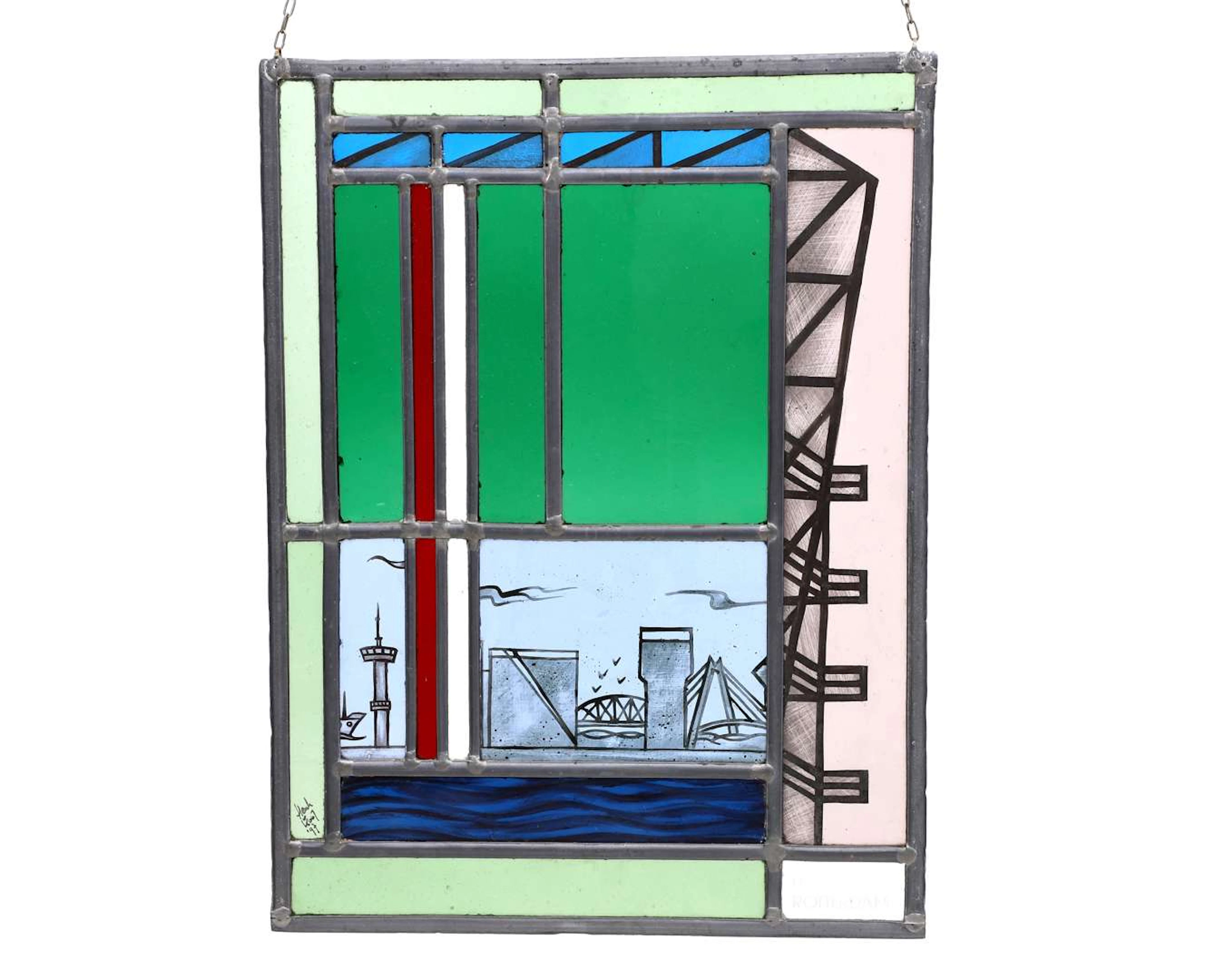 A painted stained-glass window, created by: Henk van Kooy (1953)