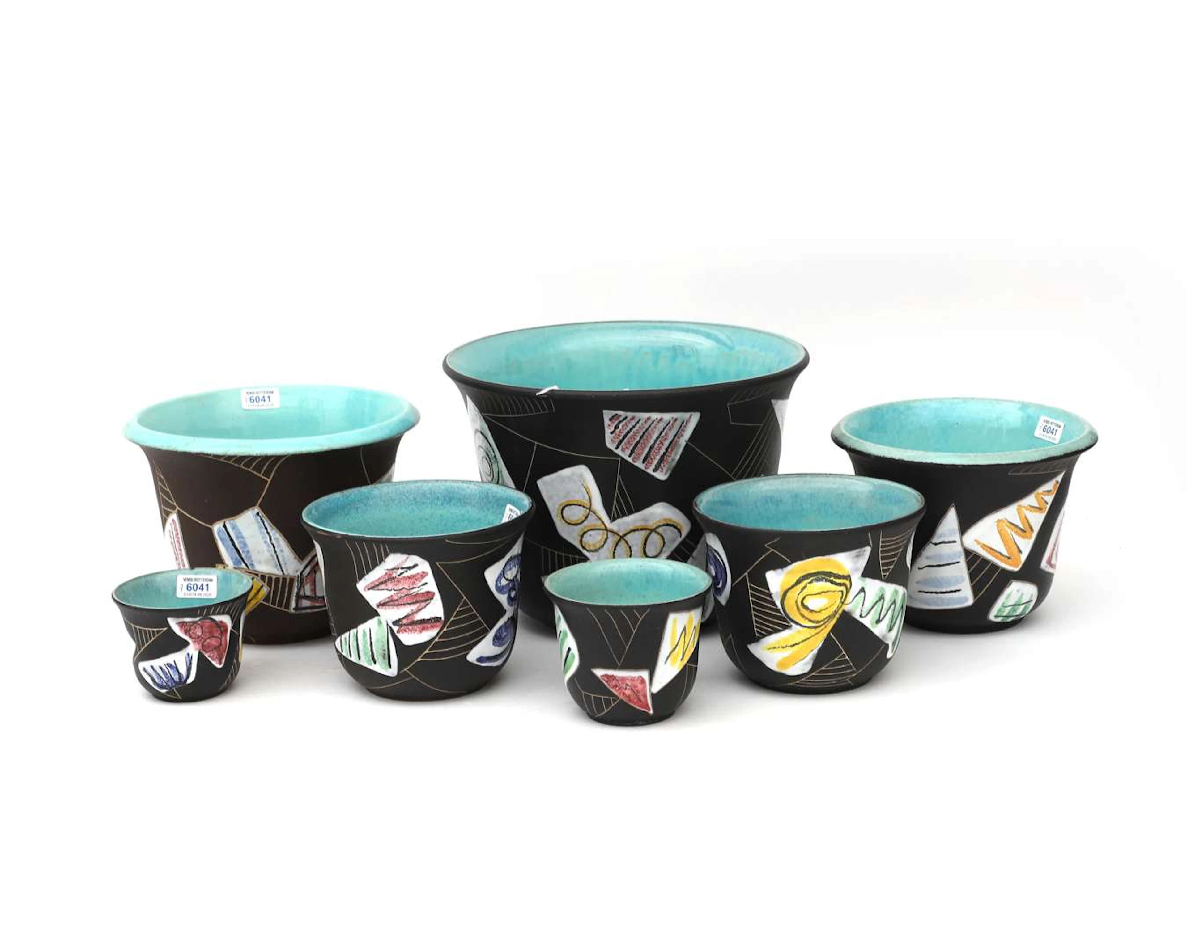 Seven coloured ceramic flower pots. Hans Welling for Ruscha, ‘Marocco’