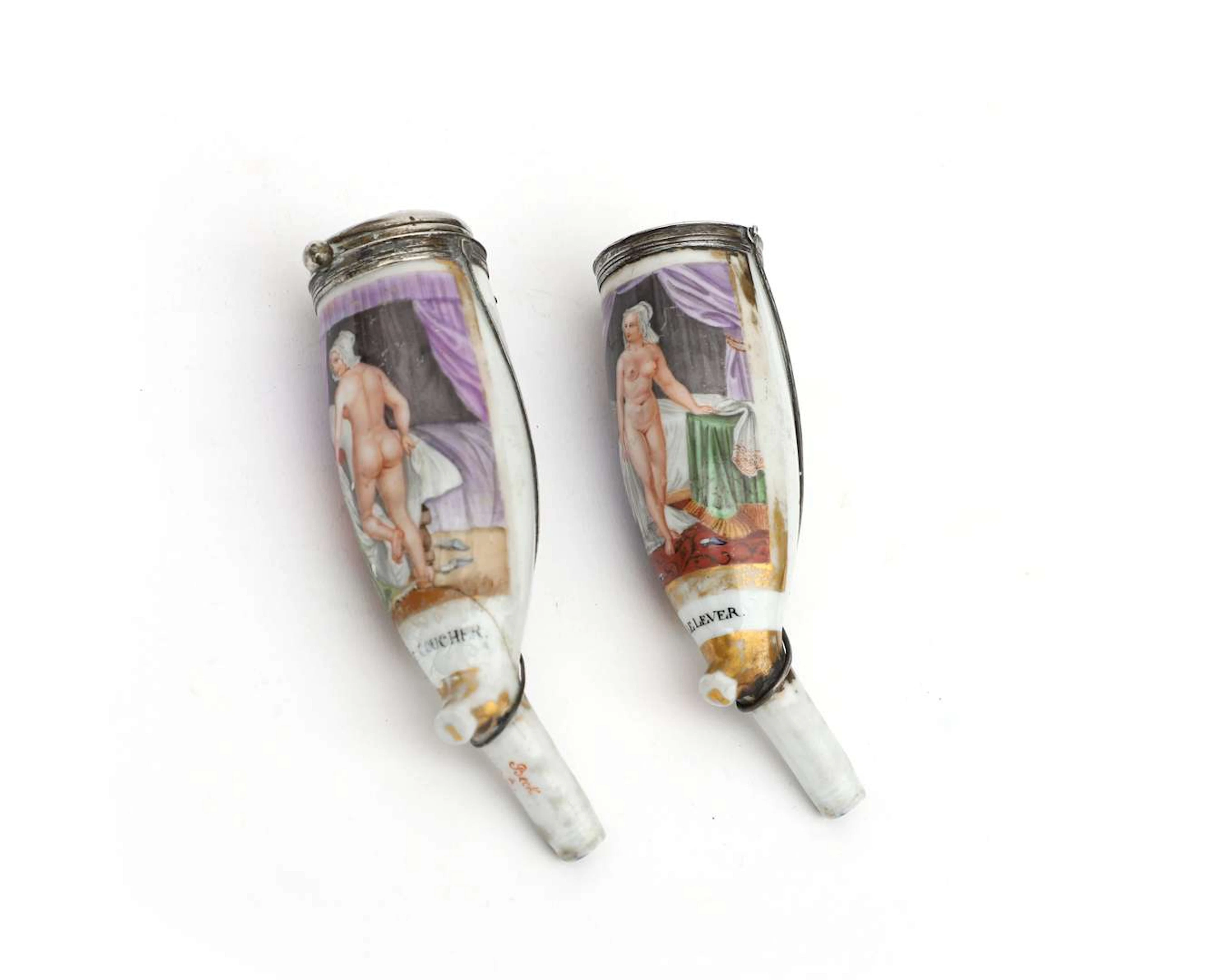 Two porcelain pipe bowls with silver mounts, Germany, made by: Meissen