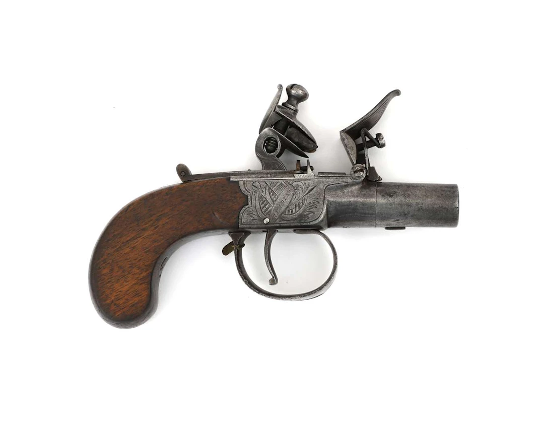 A flintlock pistol, manufactured by: Mace, Reading, England, first