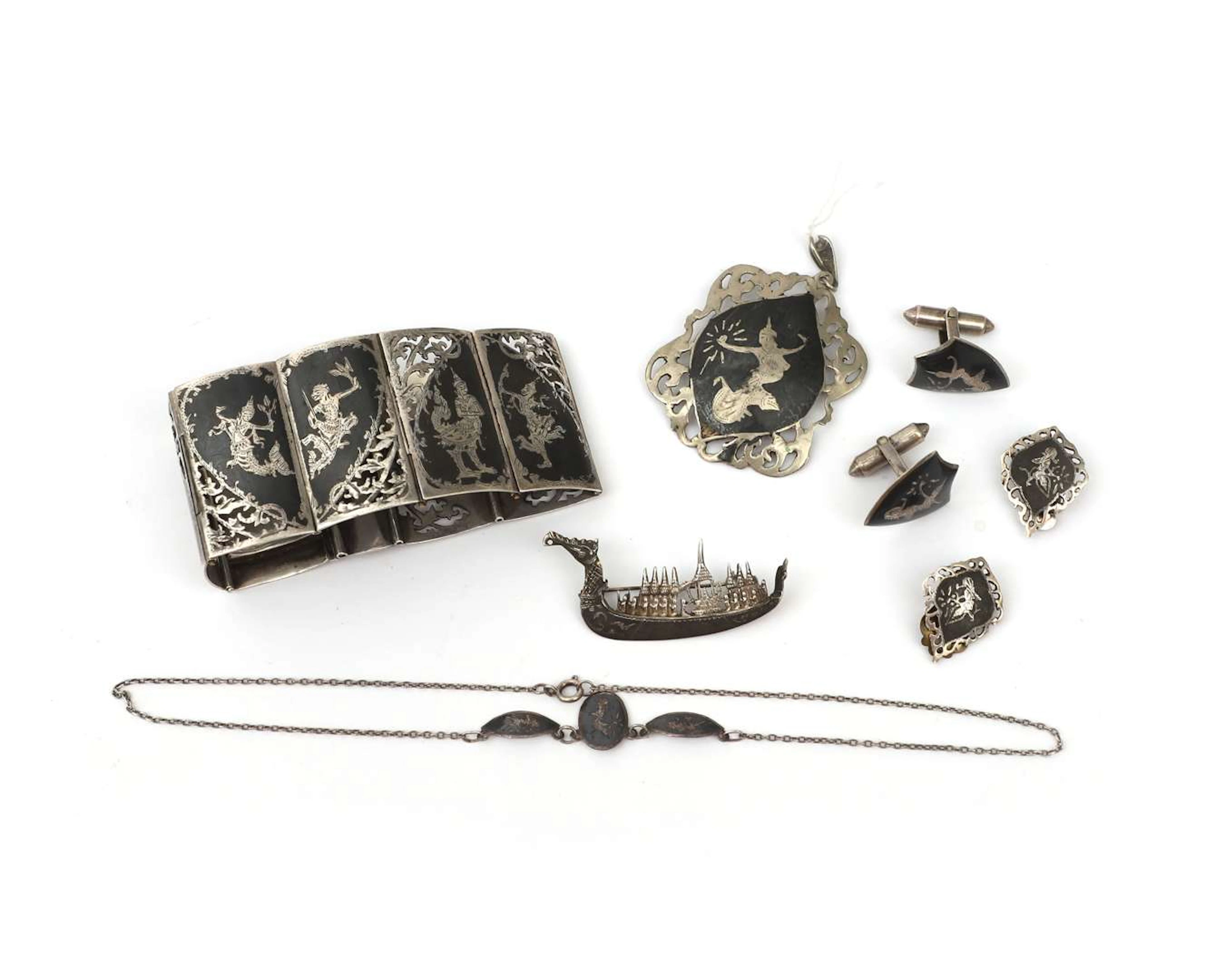 A lot of vintage silver niello jewellery, Siam, Thailand