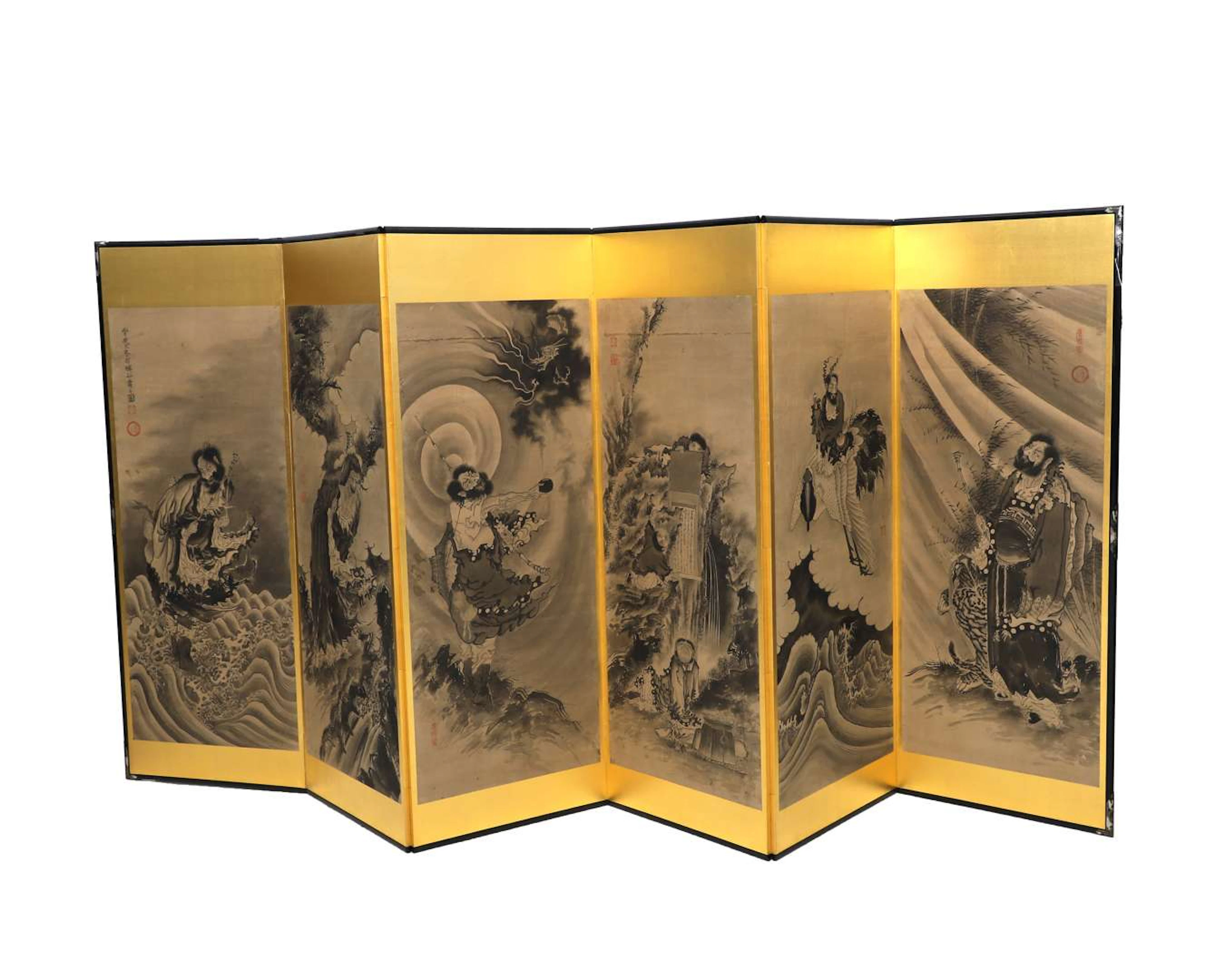 A six-panel folding screen with a washed-ink drawing depicting deities