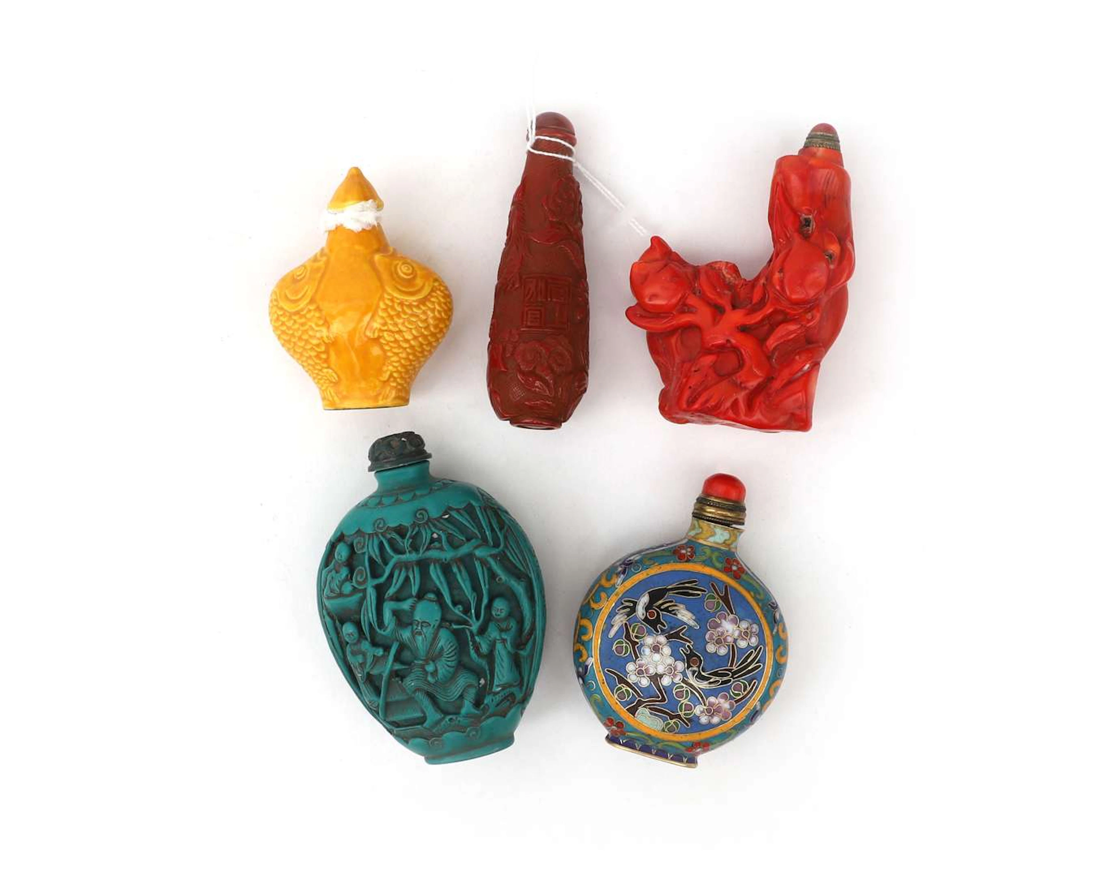 Five assorted snuff bottles. Asia, 20th century