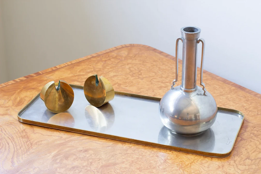Modernist pewter and brass tray by GAB 1939