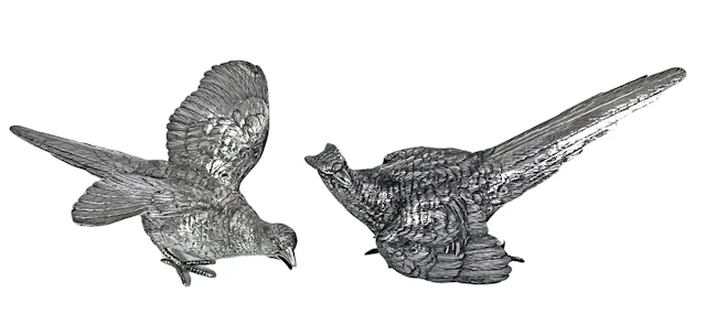 Pair of Sterling Silver table models of Pheasants 1926
