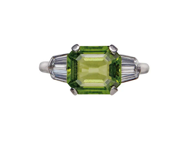 Art Deco Platinum Peridot Diamond Ring, circa 1920