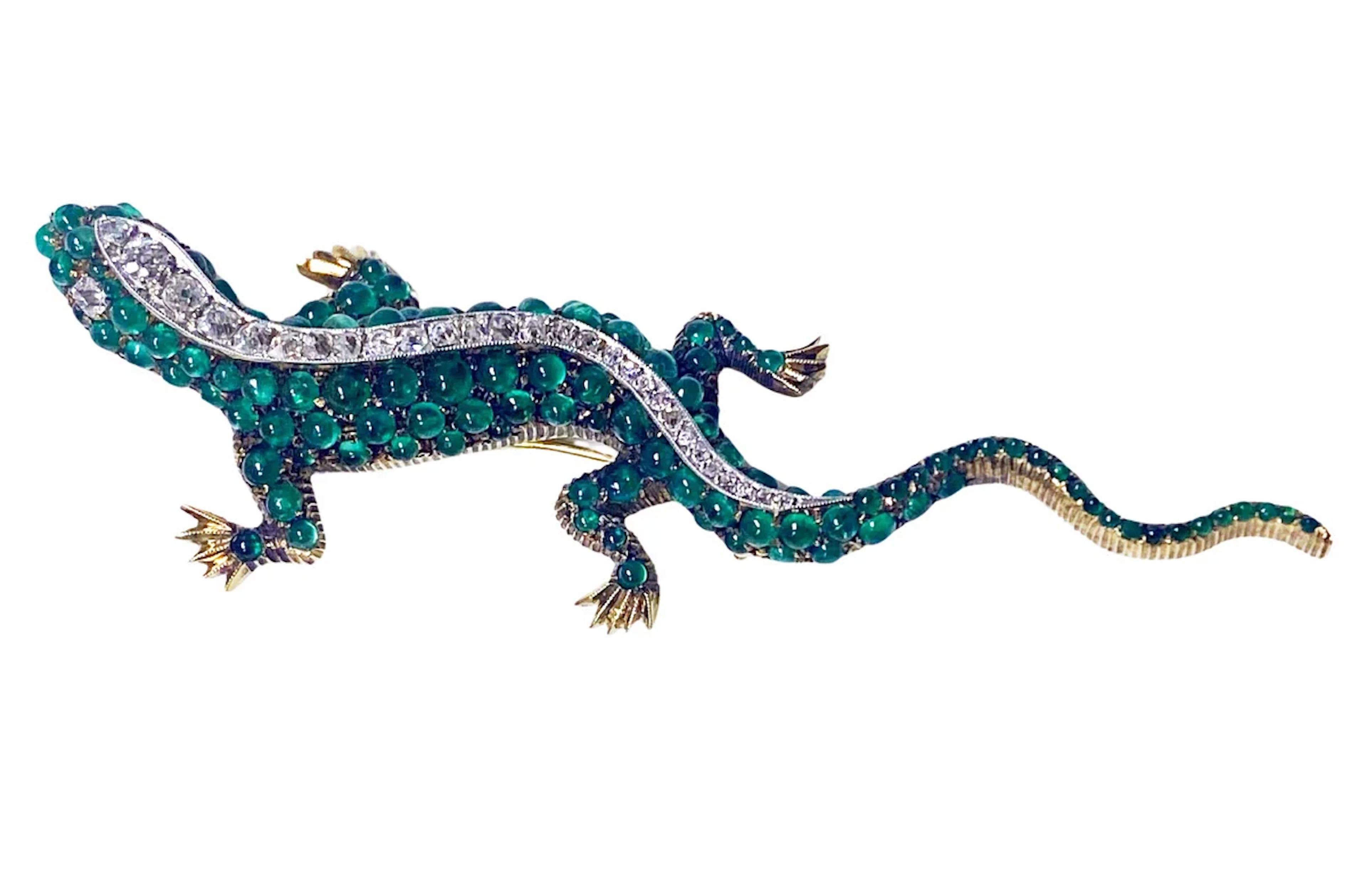 Antique 18K Emerald and Diamond salamander brooch C.1900