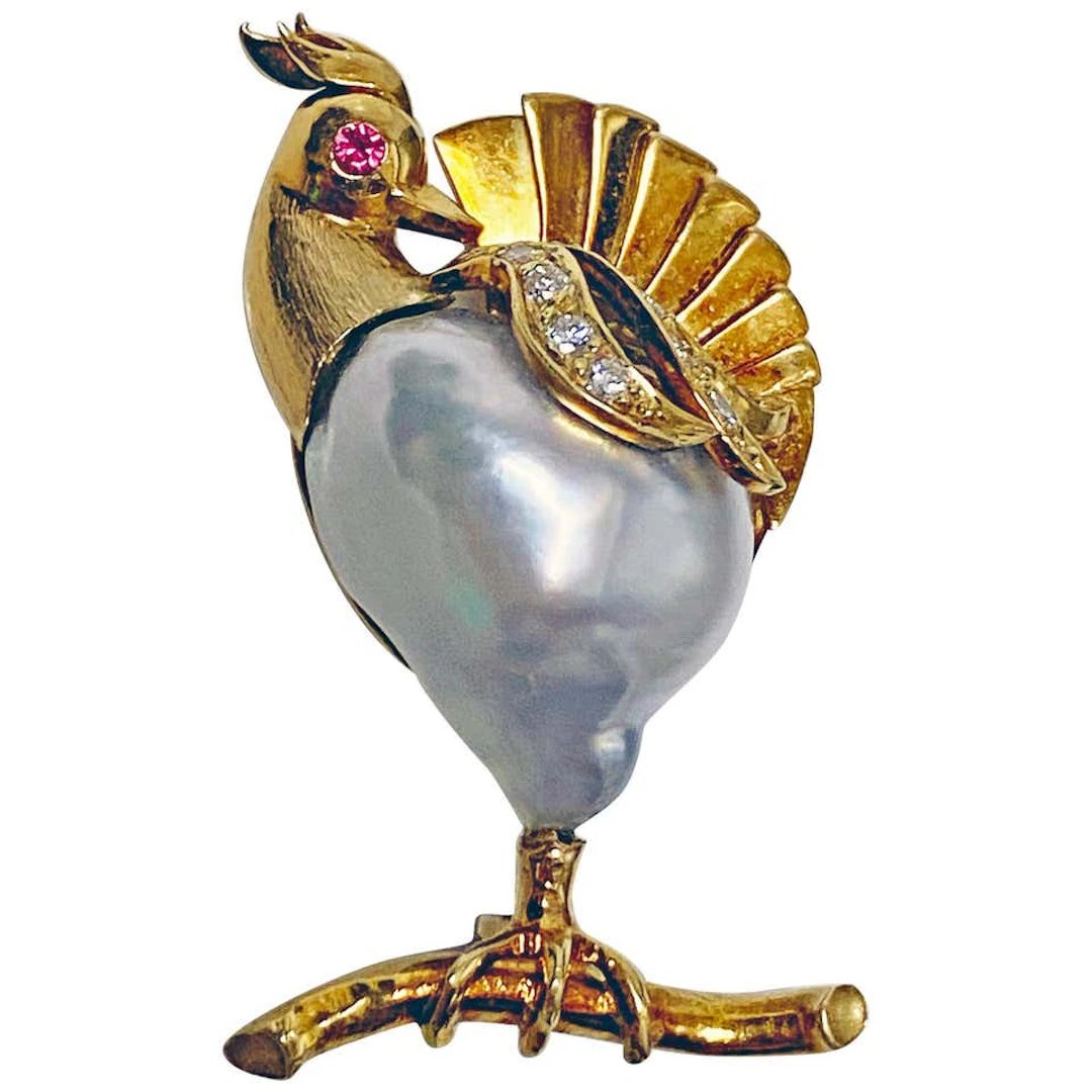 18K Gold Pearl Diamond Ruby Peacock or Rooster Brooch