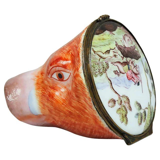 Antique Staffordshire Stirrup Cup, rare, covered porcelain Boar's Head