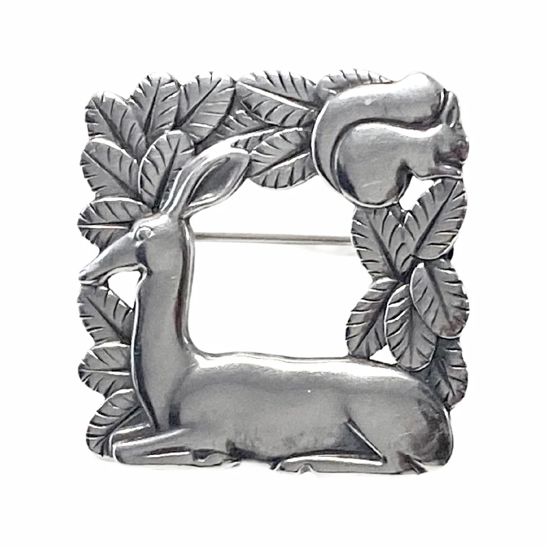 Georg Jensen Sterling Silver Deer and Squirrel Brooch #318