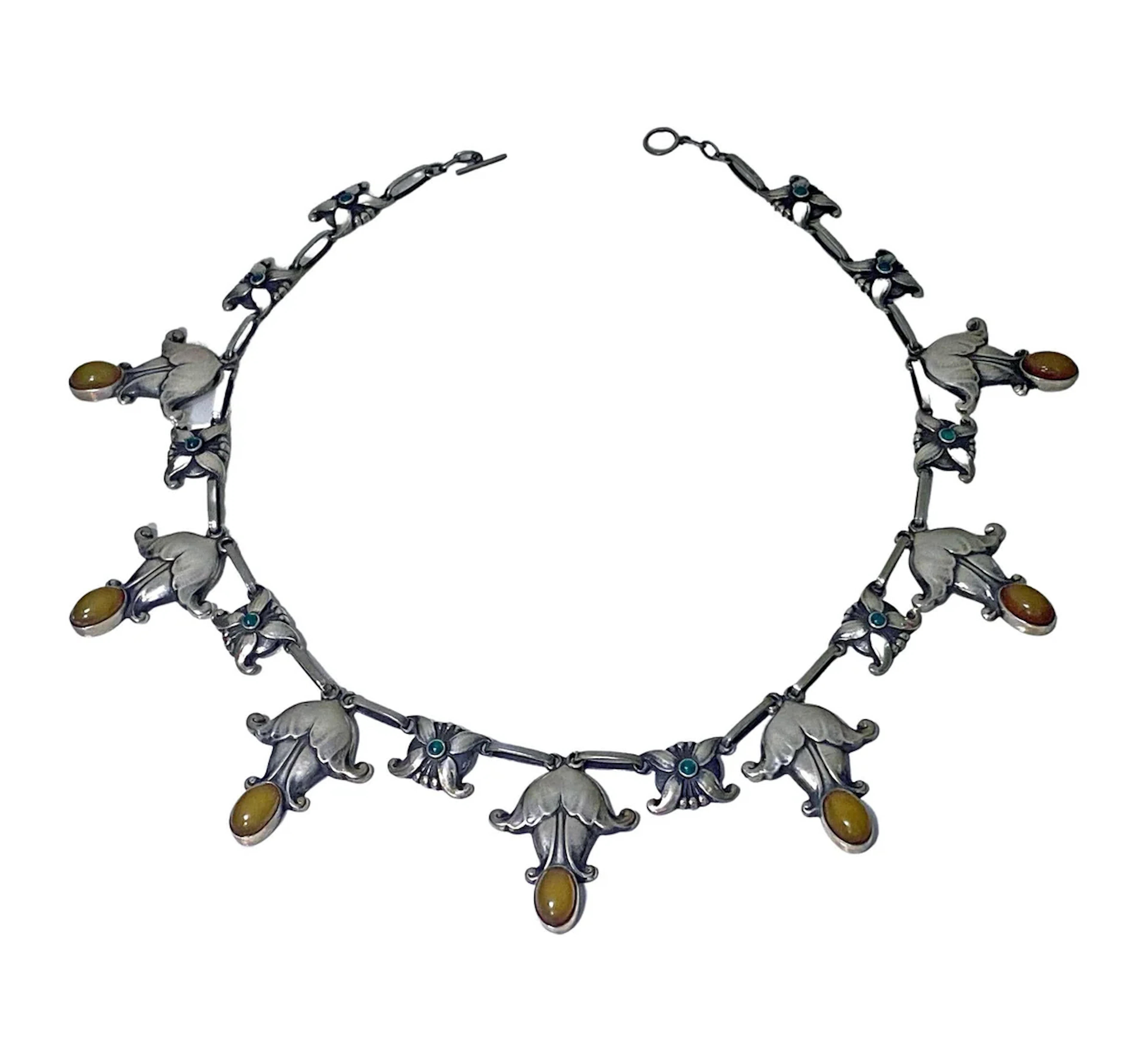 Georg Jensen exceptionally rare design Sterling Amber and Agate Necklace C.1930