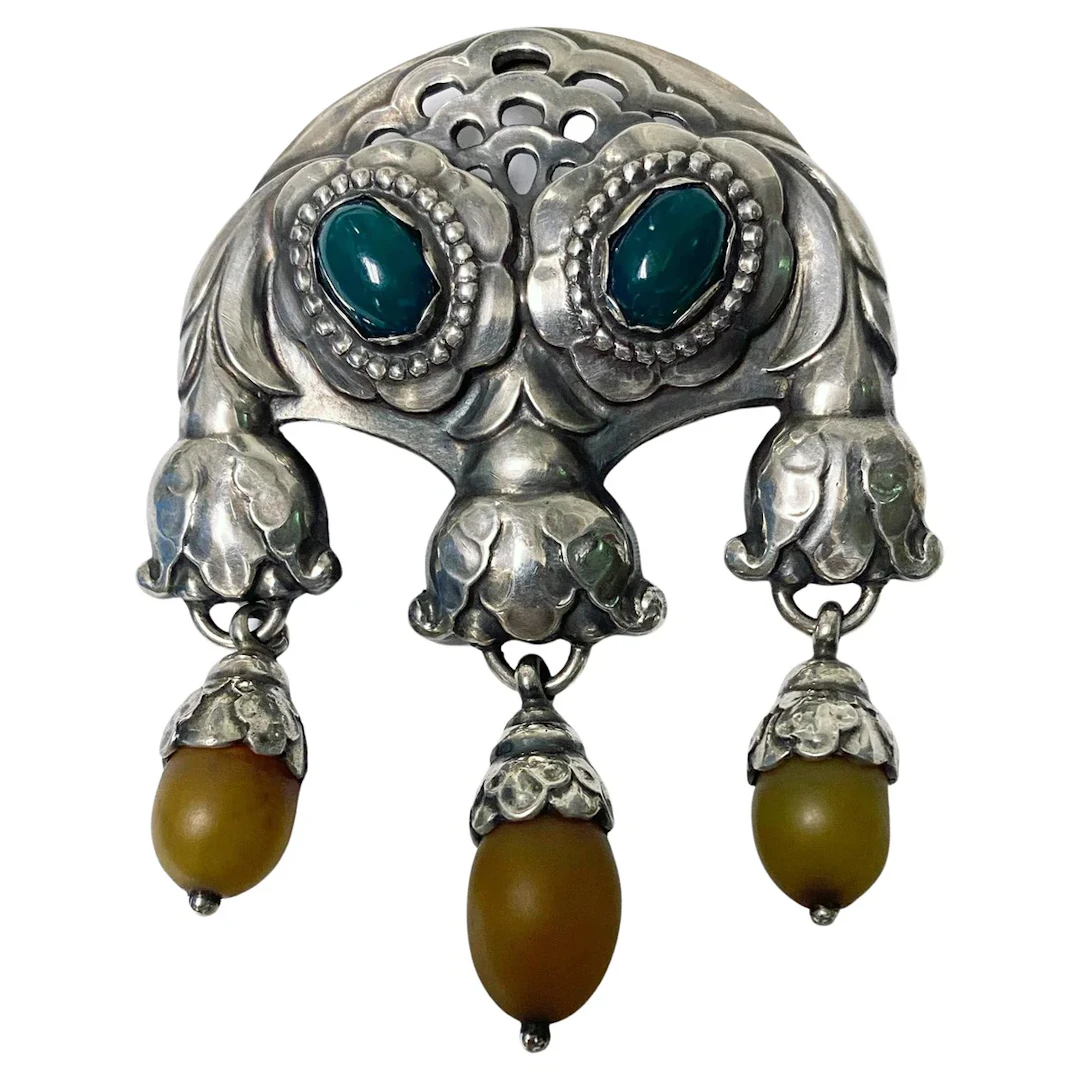 Georg Jensen Amber Chrysoprase Master Brooch C.1915 Very Rare