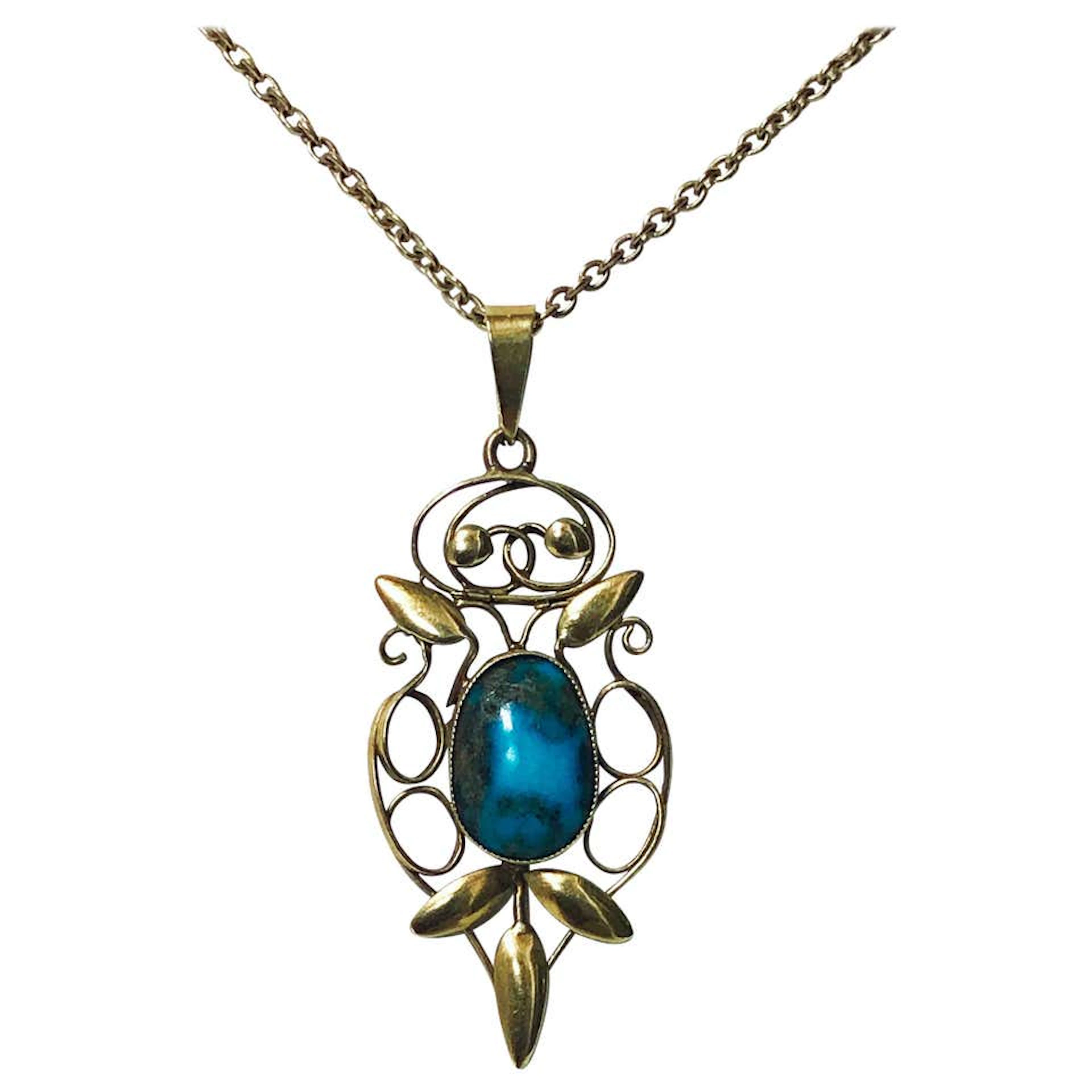 Liberty Gold Turquoise Art Nouveau Pendant, circa 1900
