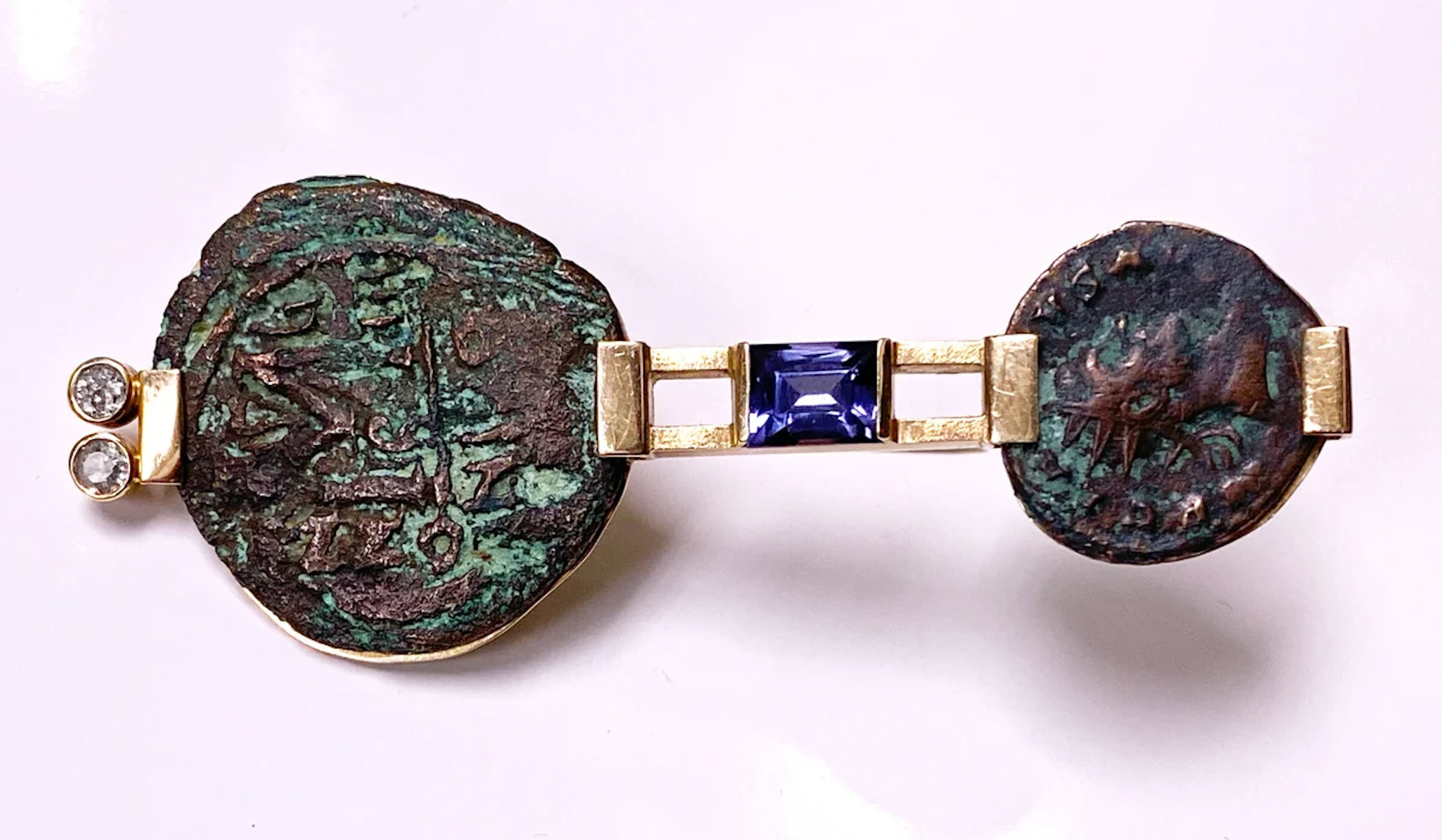 14K Gold Diamond ancient coin Brooch pin