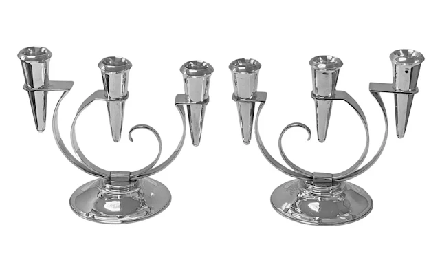 Pair of Carl Poul Petersen Sterling Art Deco three light Candlesticks C.1935