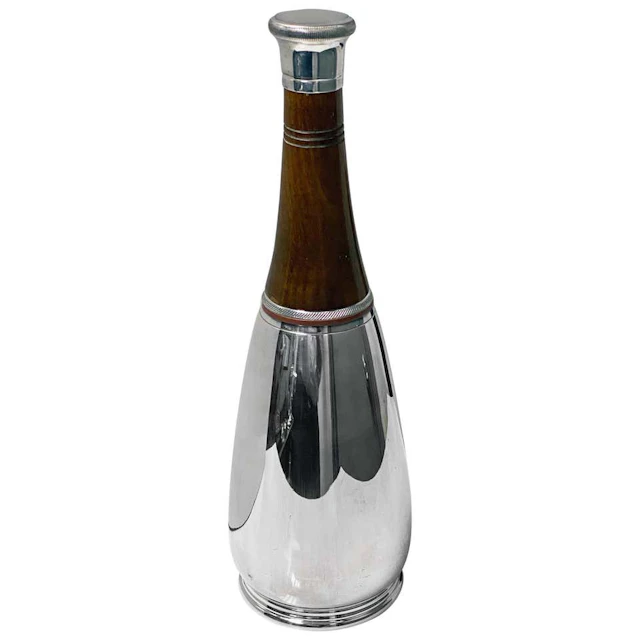 1930’s Cocktail Shaker unusual Wood and Silver Plate in form of a Bottle