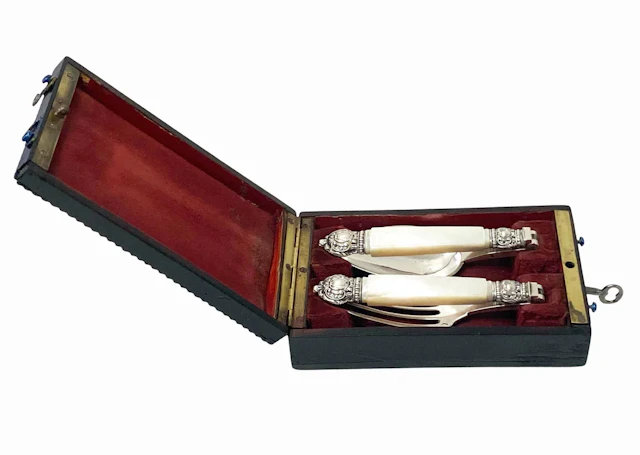 Antique French antique silver mop travel folding fork and spoon original box