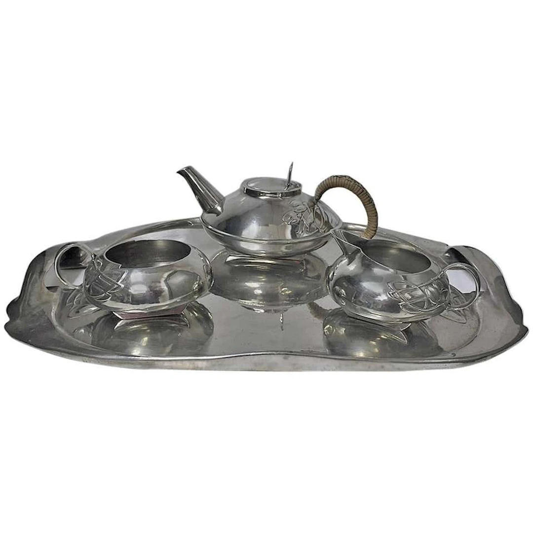 Archibald Knox Liberty Tudric Pewter Tea Set and Tray, C.1905
