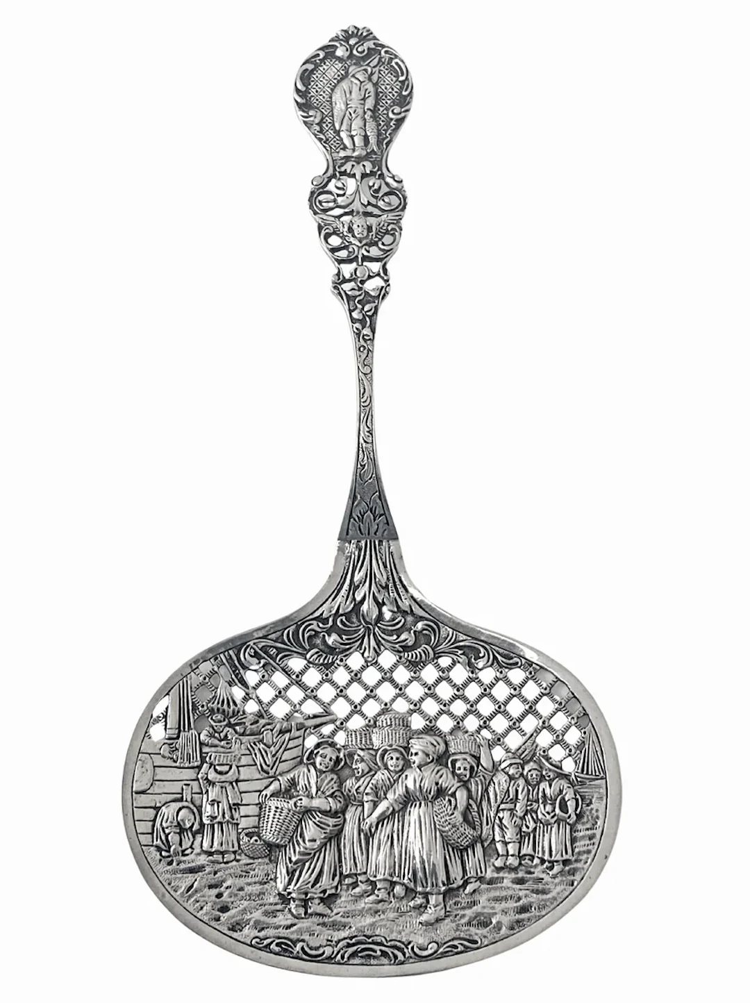 Dutch pierced repousse fruit preserve sifter silver spoon C.1916