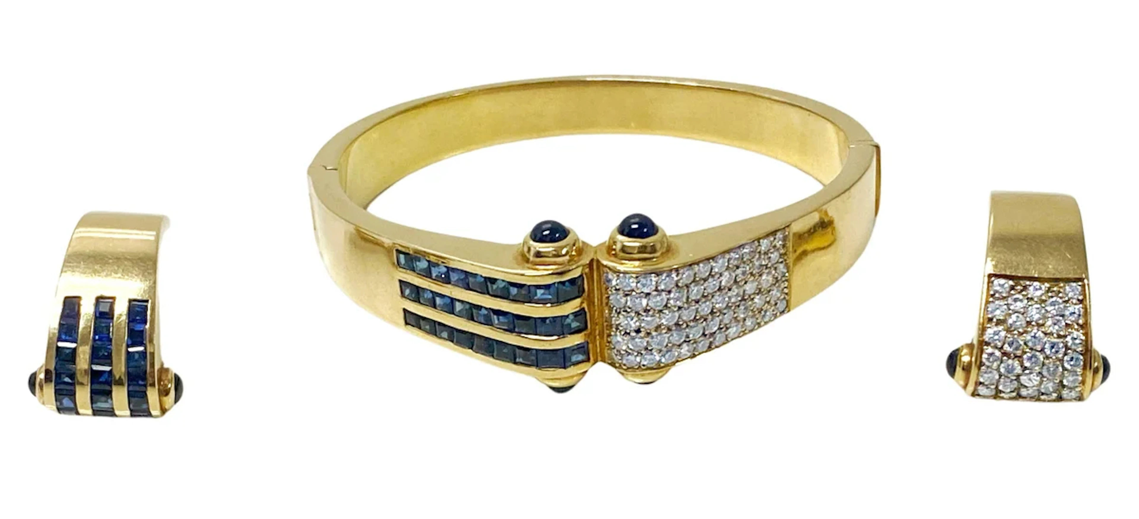 18K Diamond and Sapphire Bangle and clip earrings custom made