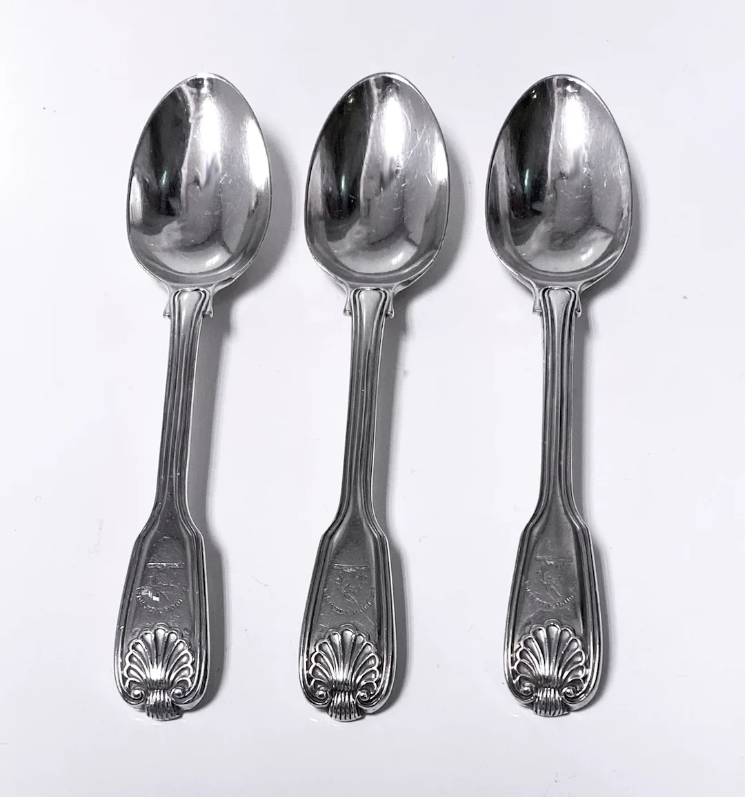 Three Fiddle Thread Shell large Teaspoons London 1836 Mary Chawner.