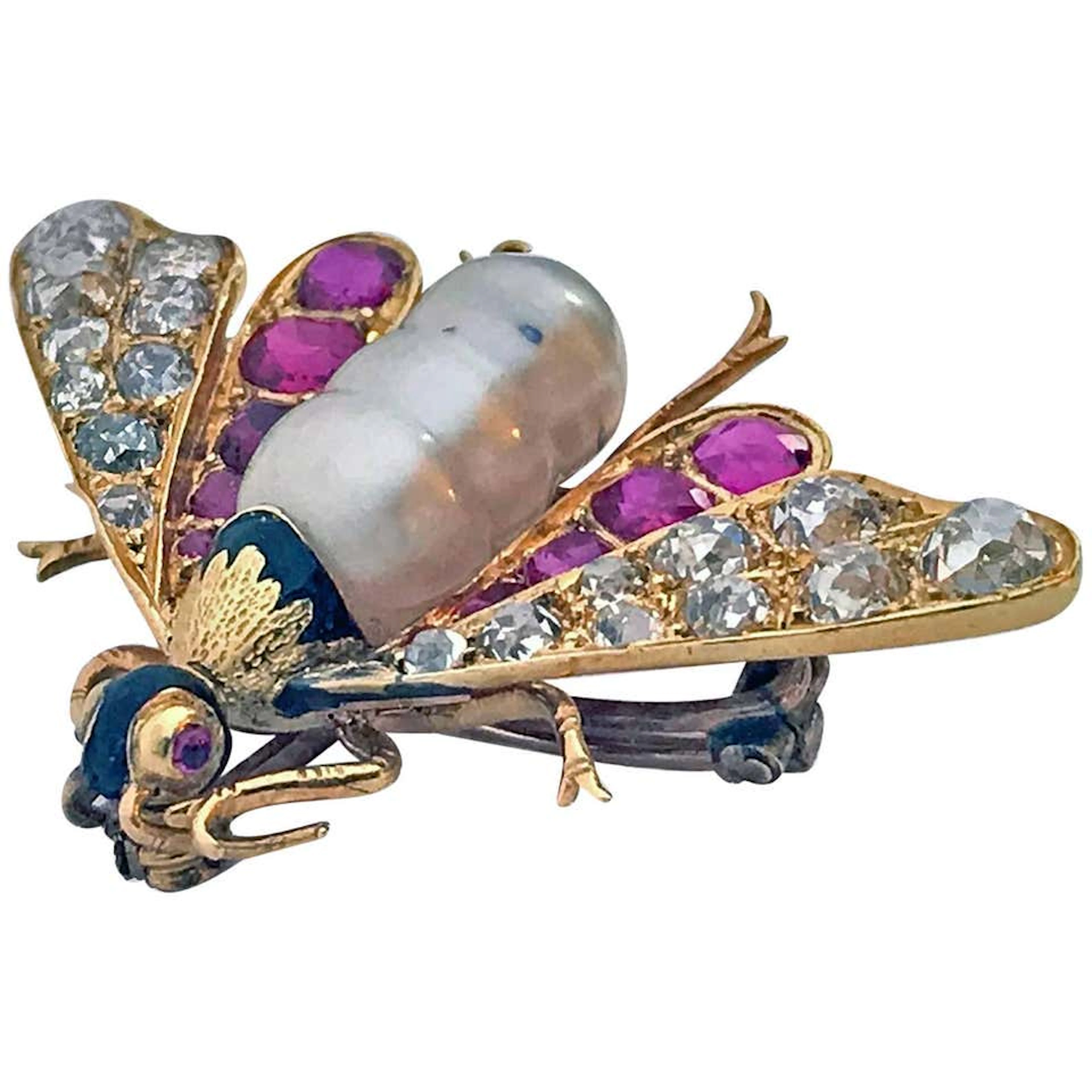 Antique 18-Karat Ruby Diamond and Pearl Bee Brooch Pin, circa 1880