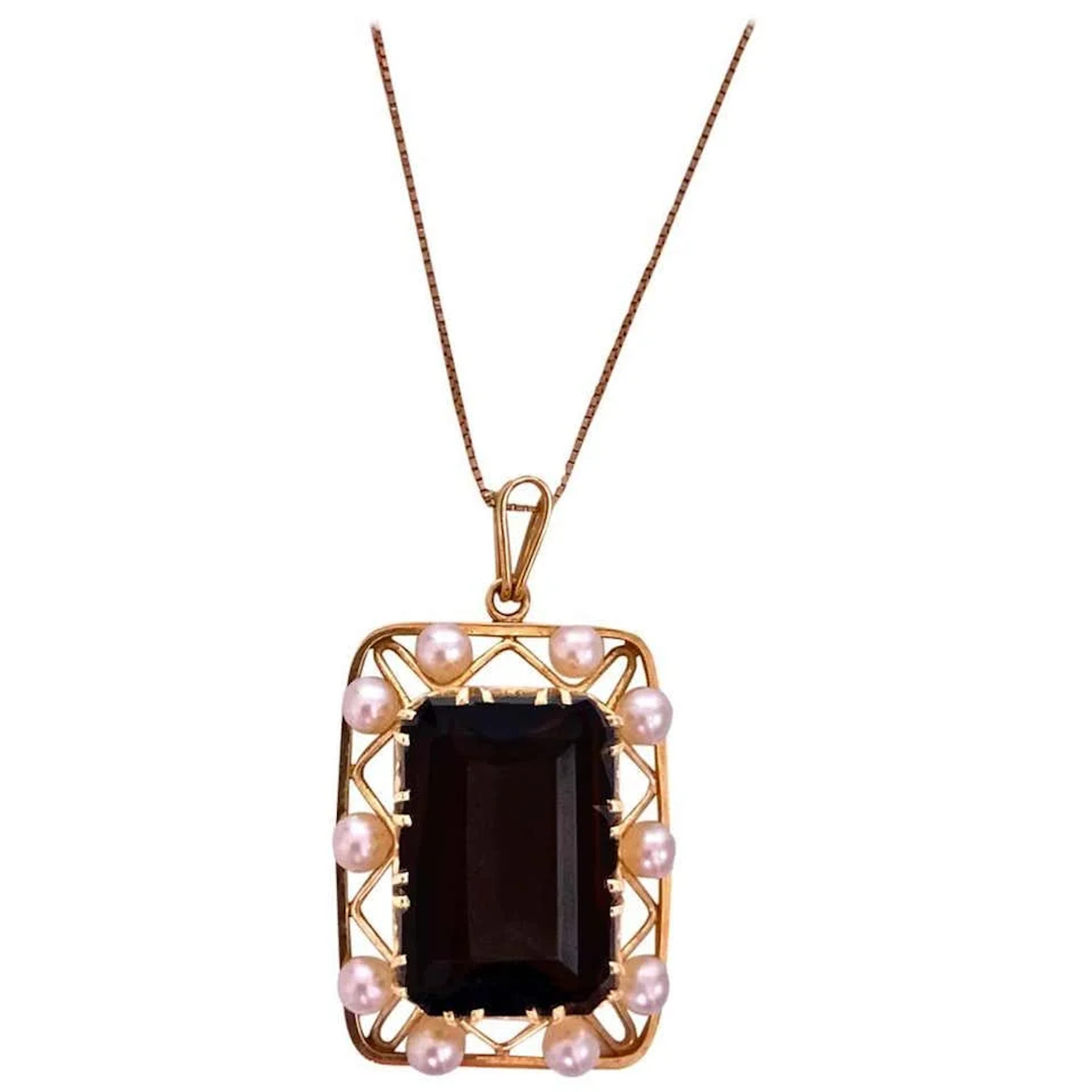 Mid-century 14K quartz and cultured pearl Pendant Necklace, C.1960.