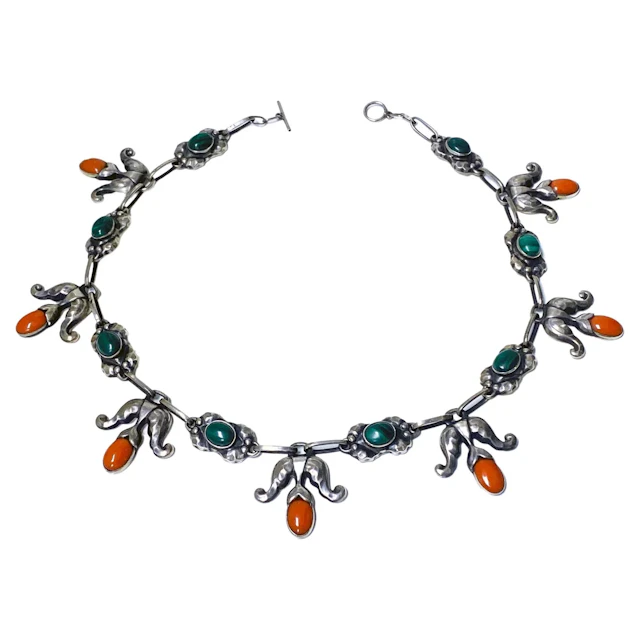 Rare Georg Jensen Sterling Malachite and Coral Necklace C.1933