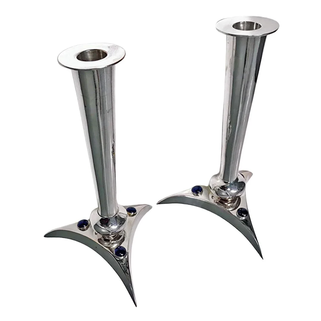 Mid-Century Candlesticks Modernist Lapis Lazuli and silvered circa 1970