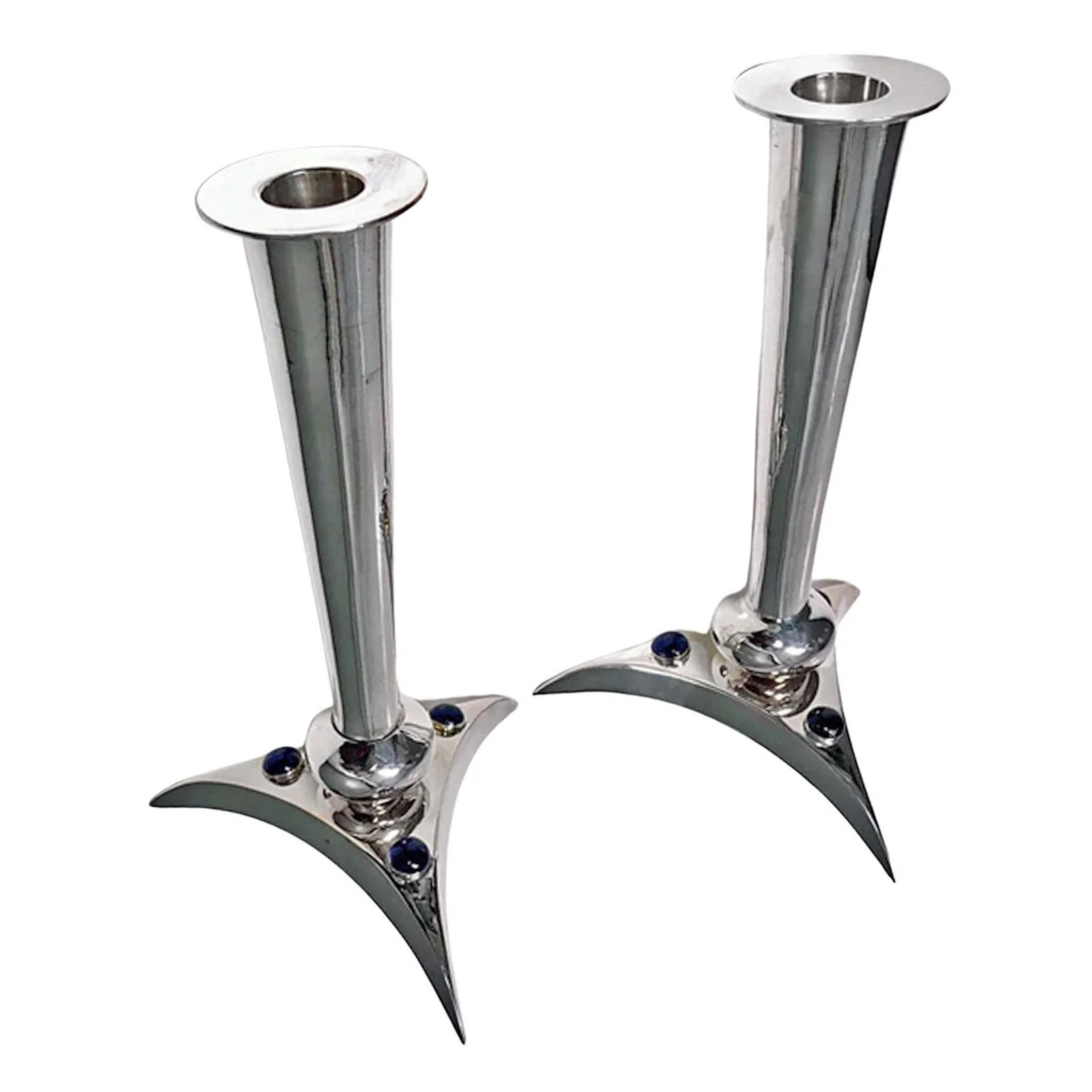 Mid-Century Candlesticks Modernist Lapis Lazuli and silvered circa 1970