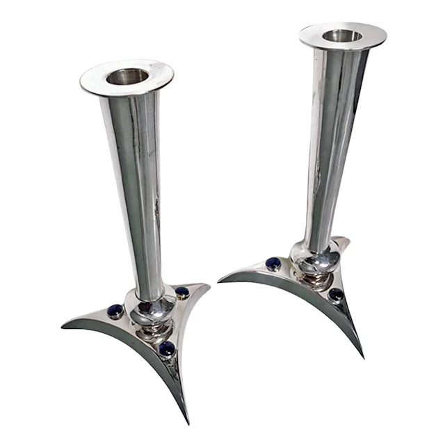 Mid-Century Candlesticks Modernist Lapis Lazuli and silvered circa 1970