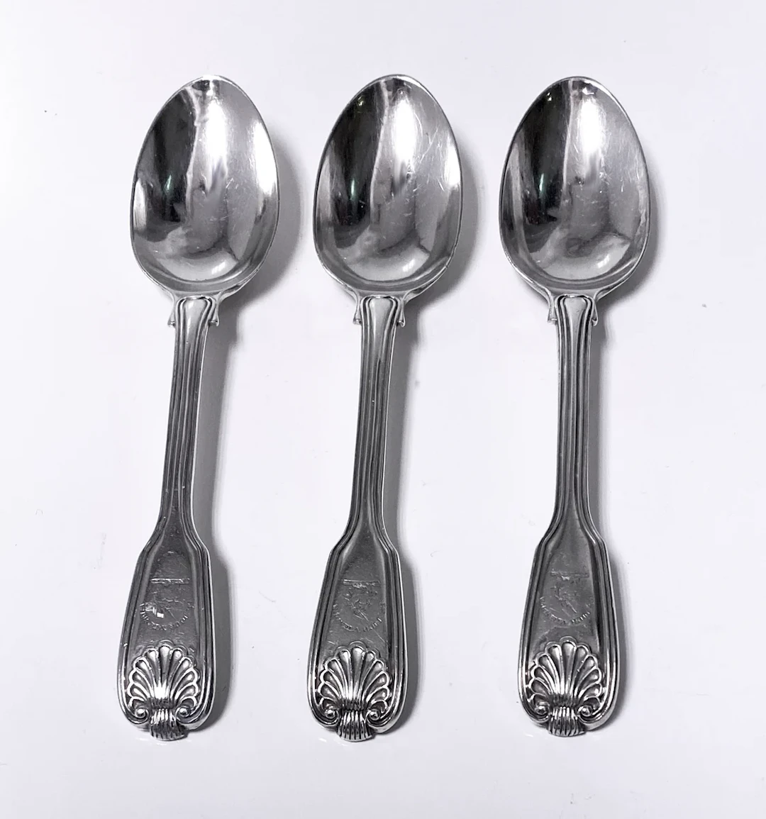 Three Fiddle Thread Shell large Teaspoons London 1836 Mary Chawner.