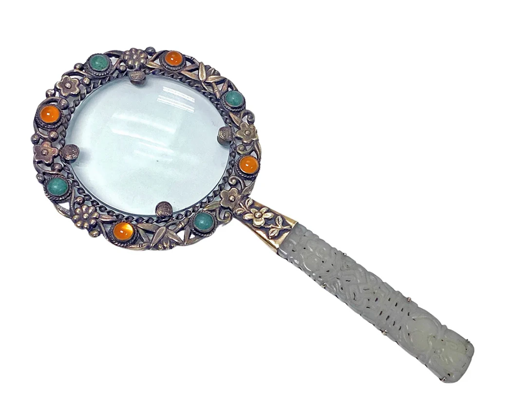 Chinese Export Silver and Jade Magnifying Glass, C.1890